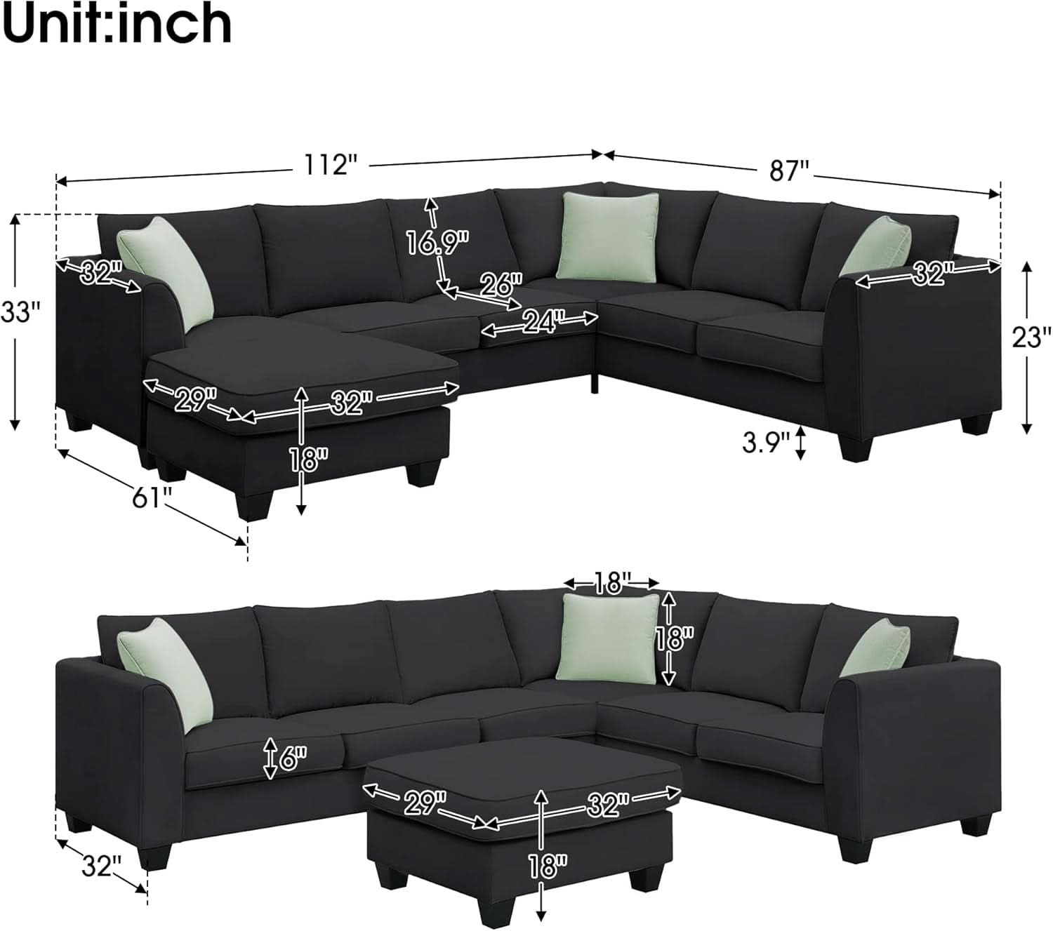Black U Shaped Sectional Sofa With Removable Ottoman