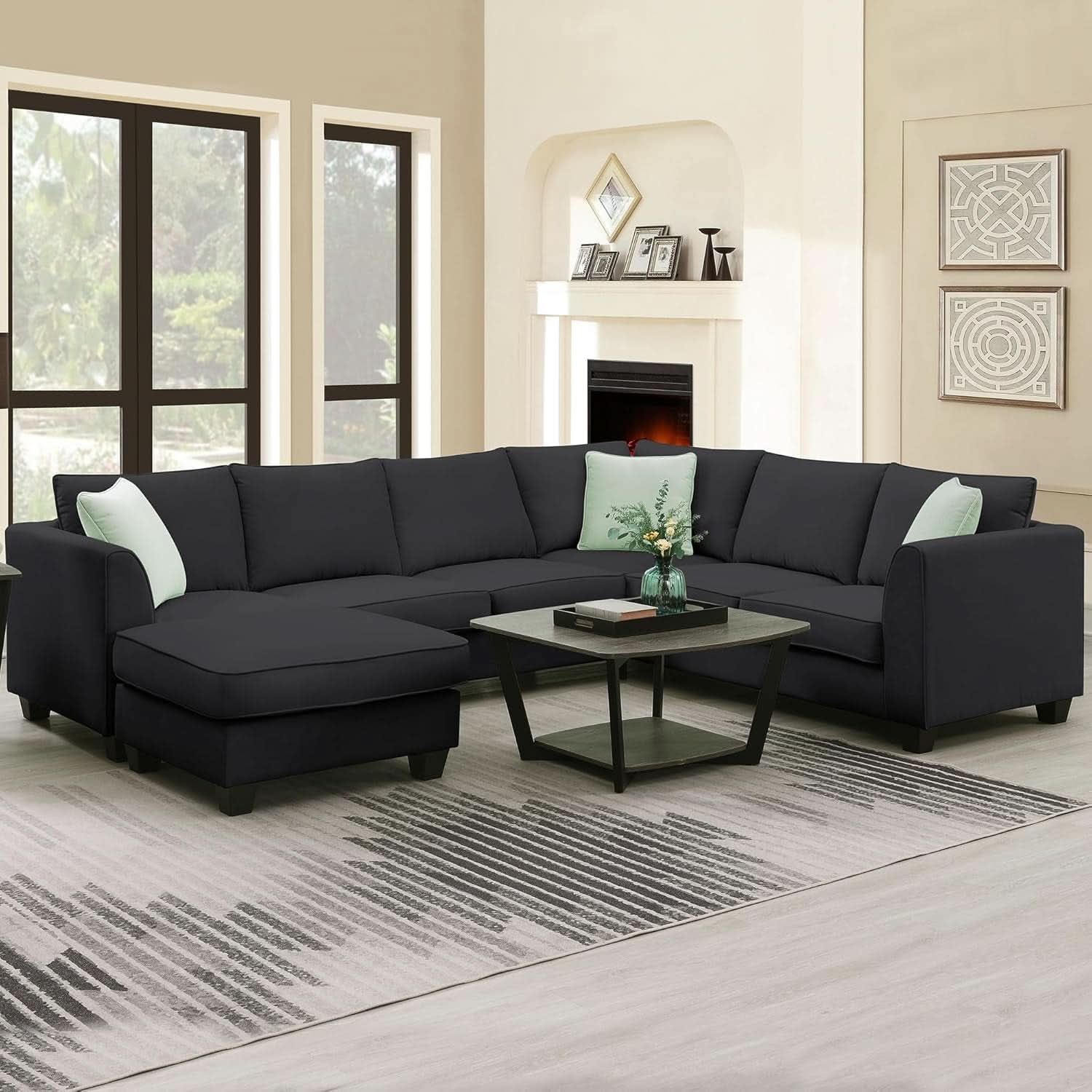 Black U Shaped Sectional Sofa With Removable Ottoman