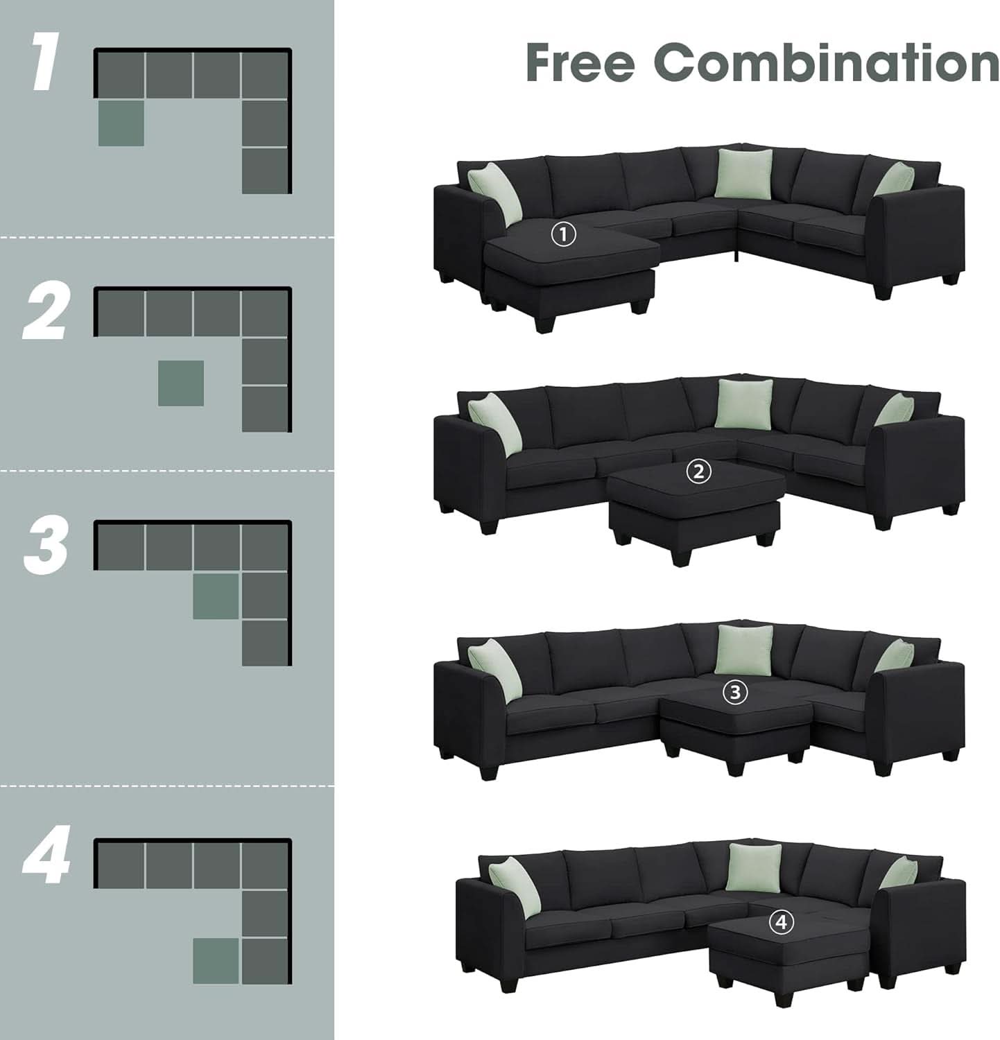 Black U Shaped Sectional Sofa With Removable Ottoman