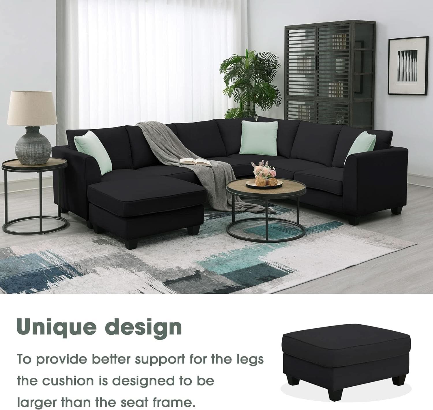 Black U Shaped Sectional Sofa With Removable Ottoman