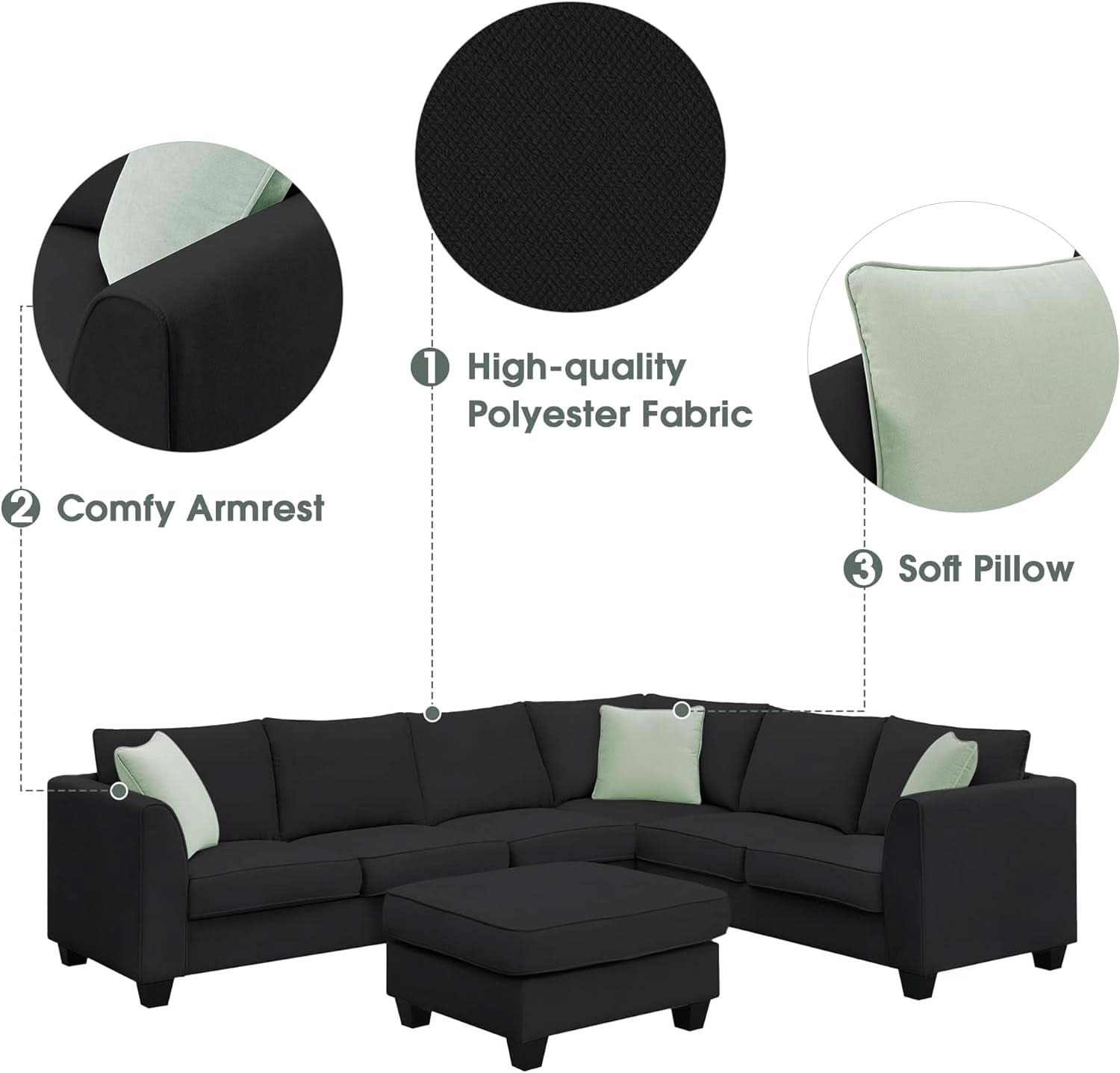 Black U Shaped Sectional Sofa With Removable Ottoman