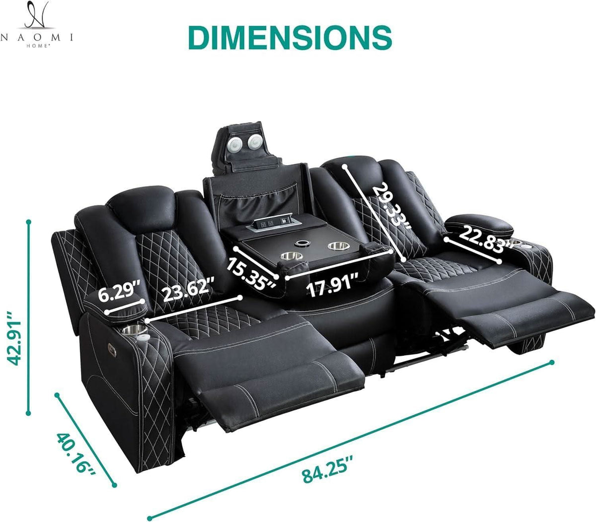 Black Ultraleather Power Reclining Sectional Sofa With USB Ports