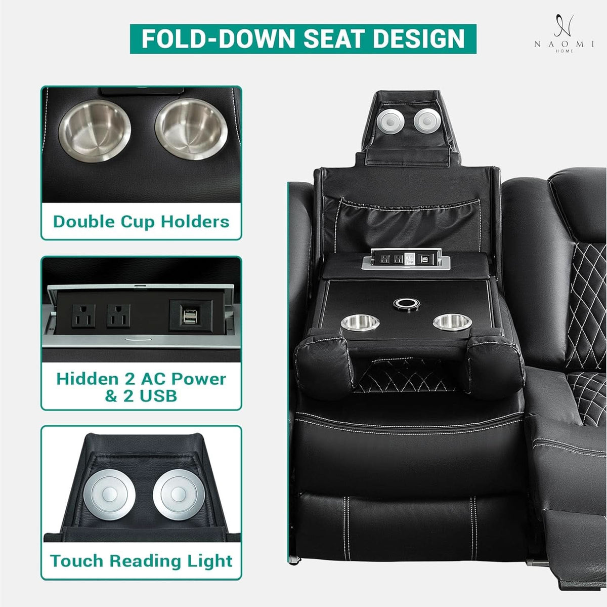 Black Ultraleather Power Reclining Sectional Sofa With USB Ports