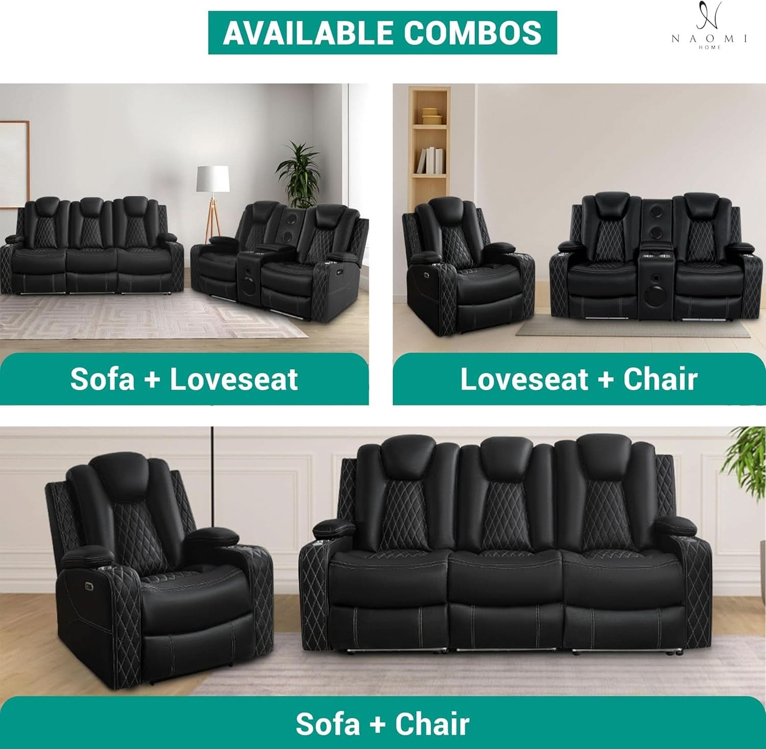 Black Ultraleather Power Reclining Sectional Sofa With USB Ports