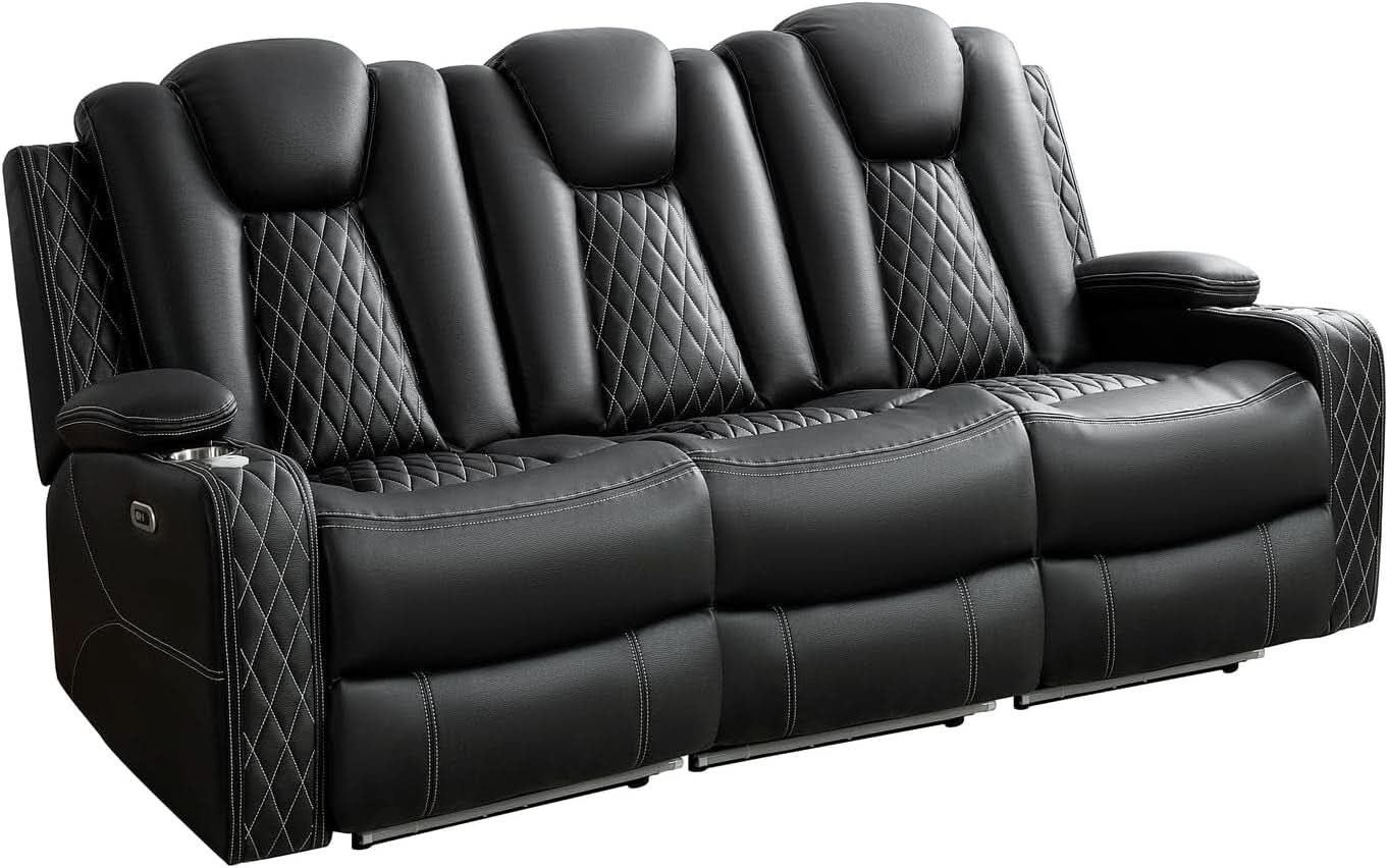 Black Ultraleather Power Reclining Sectional Sofa With USB Ports