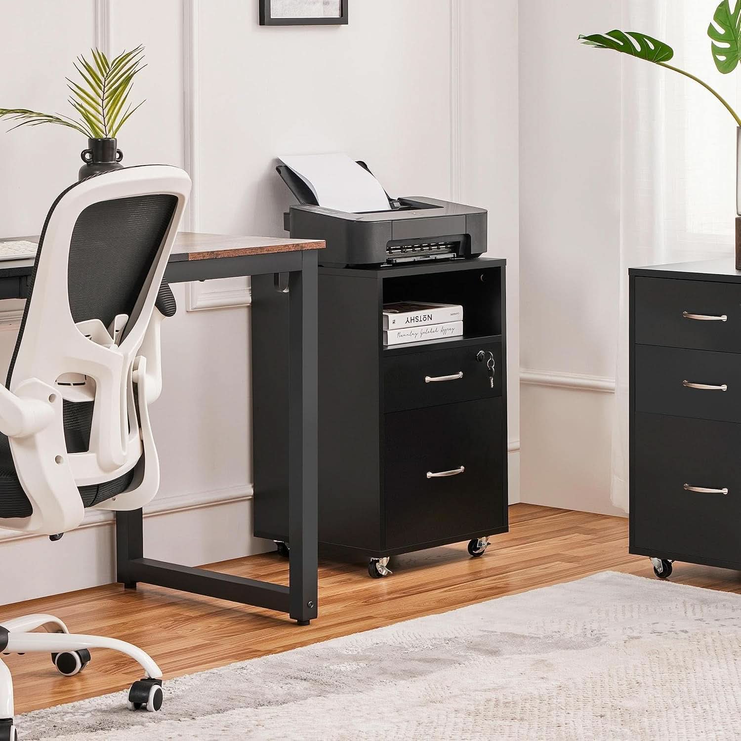 Black Under Desk File Cabinet 2 Drawers Lockable Wheels