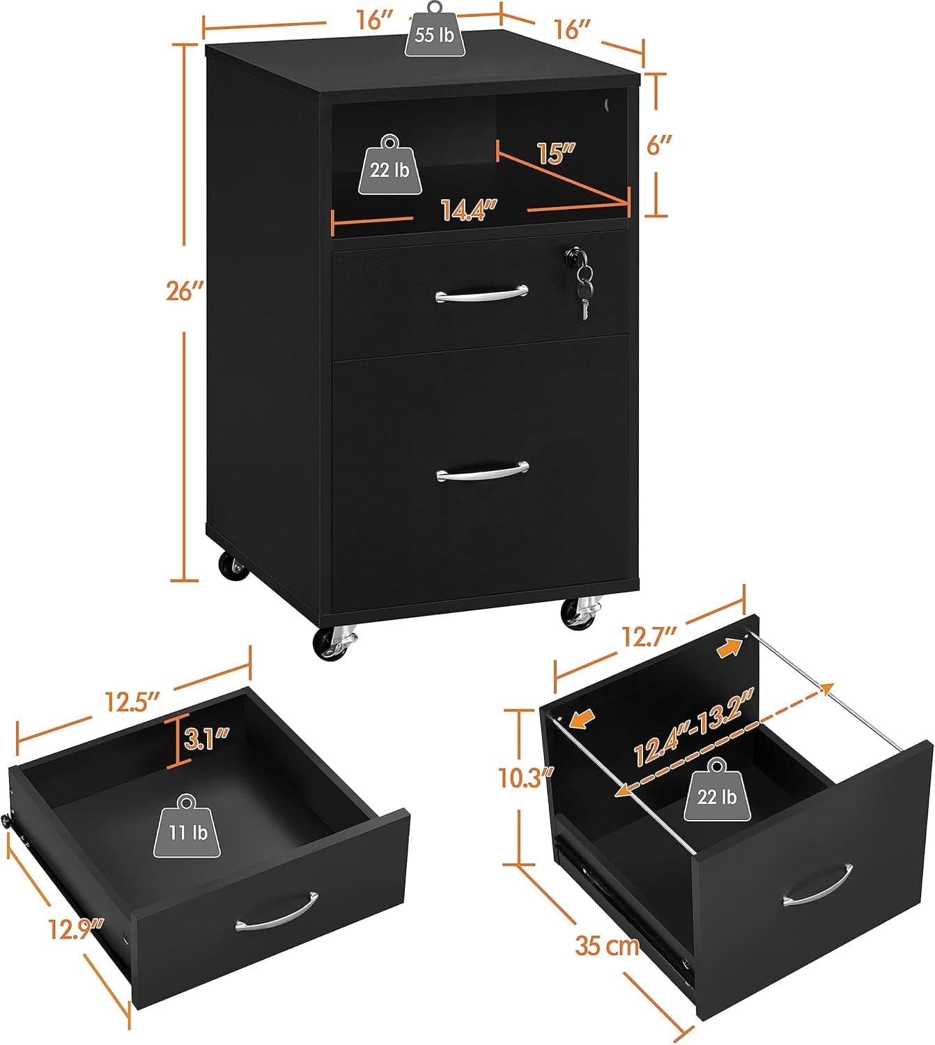 Black Under Desk File Cabinet 2 Drawers Lockable Wheels