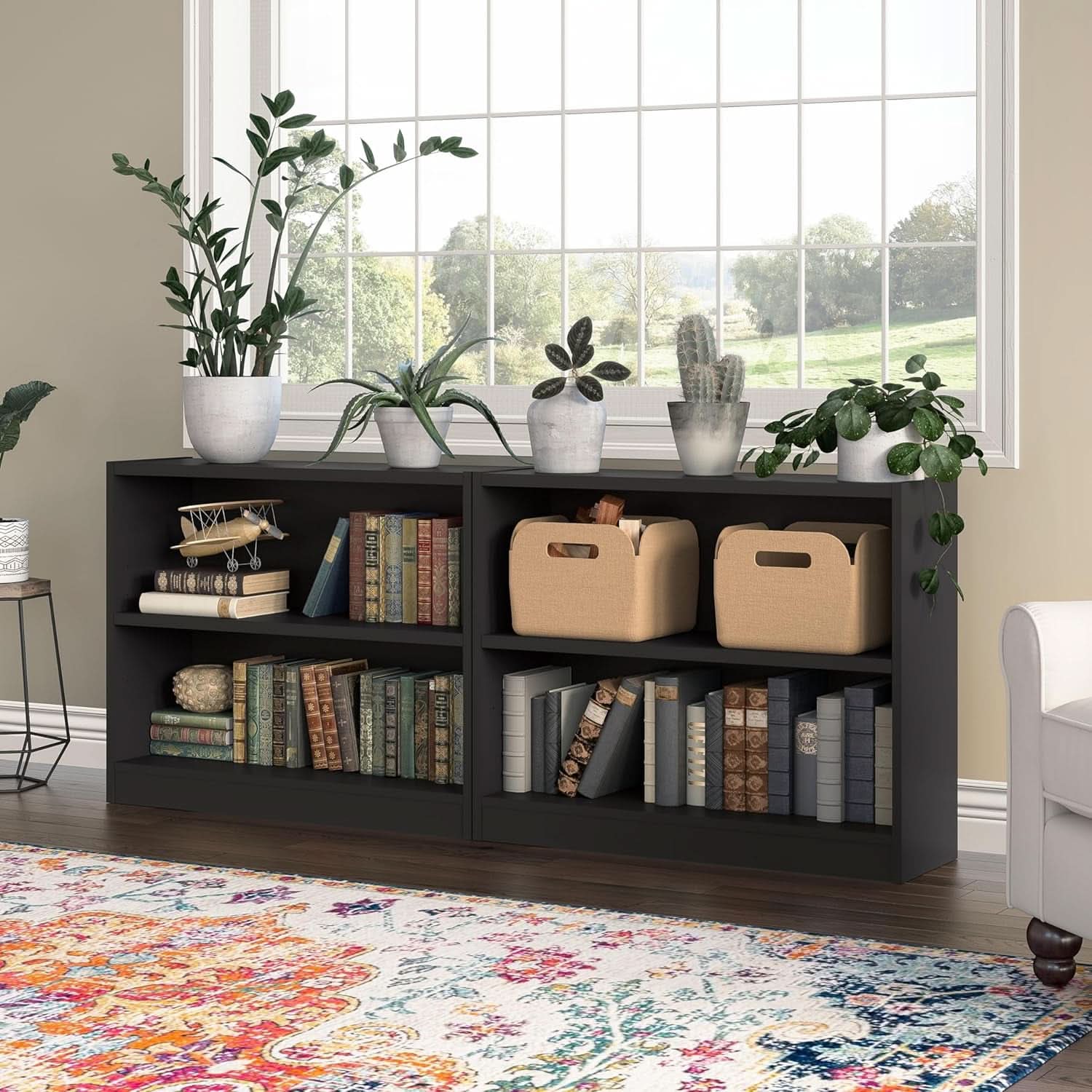 Black Universal Small 2 Shelf Bookcase Set For Home Office