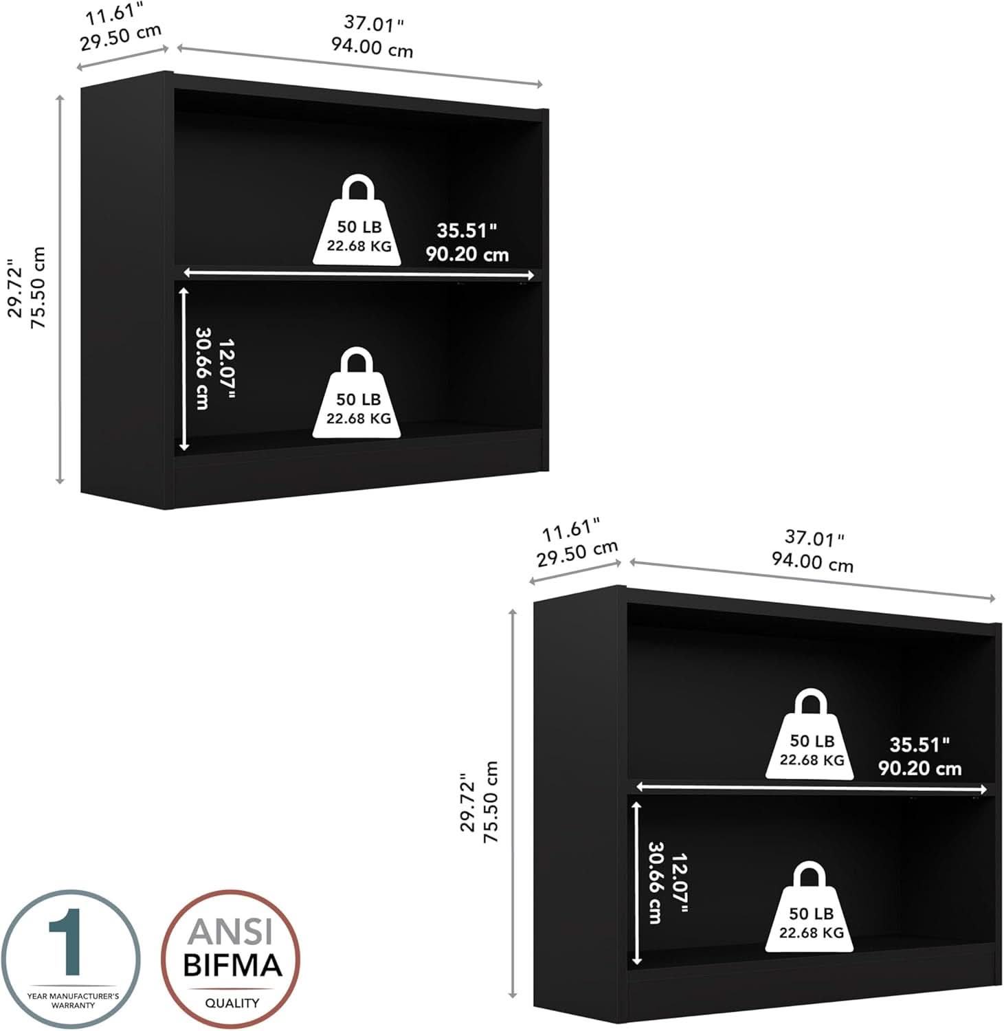 Black Universal Small 2 Shelf Bookcase Set For Home Office