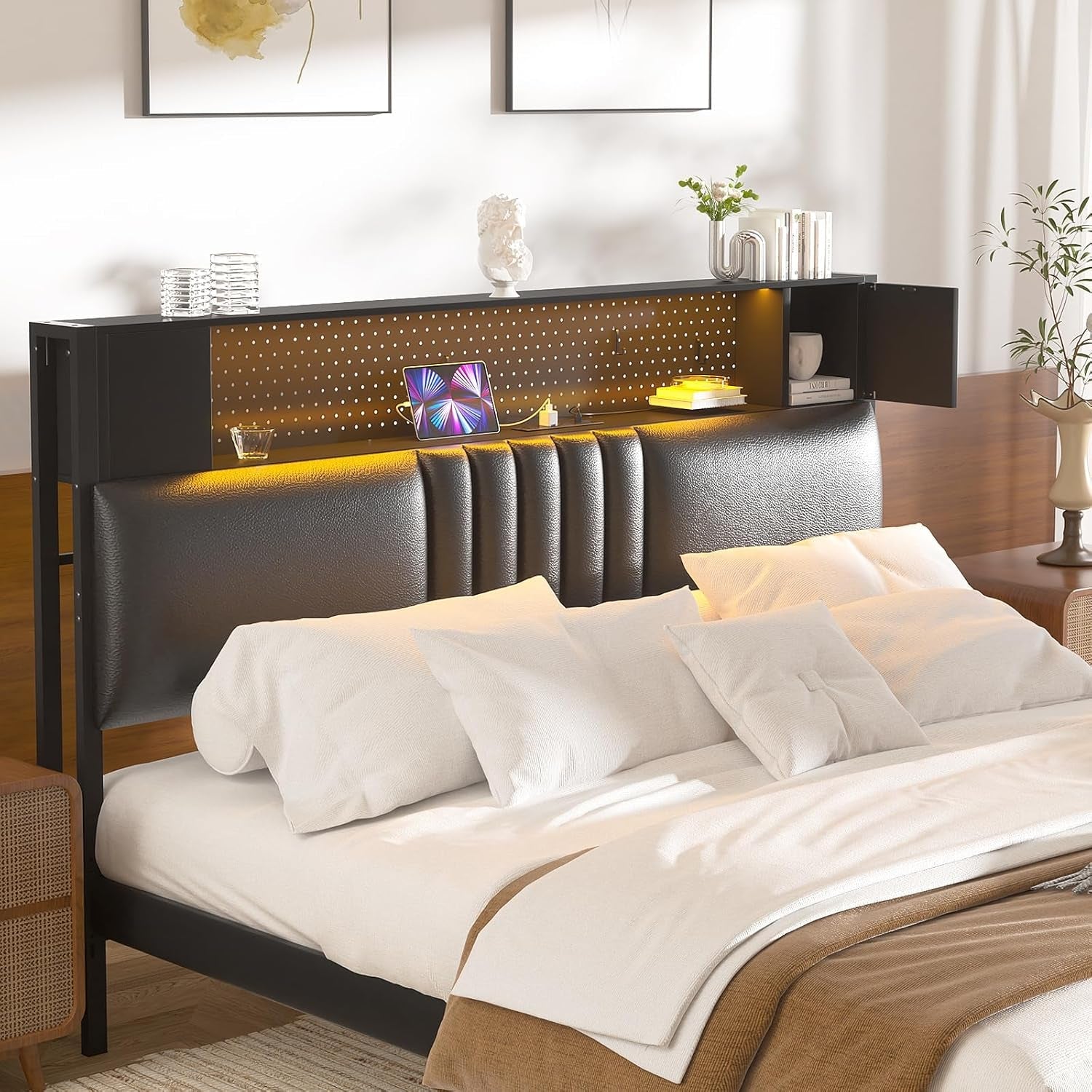 Black Upholstered Full Size Bed Headboard with Storage