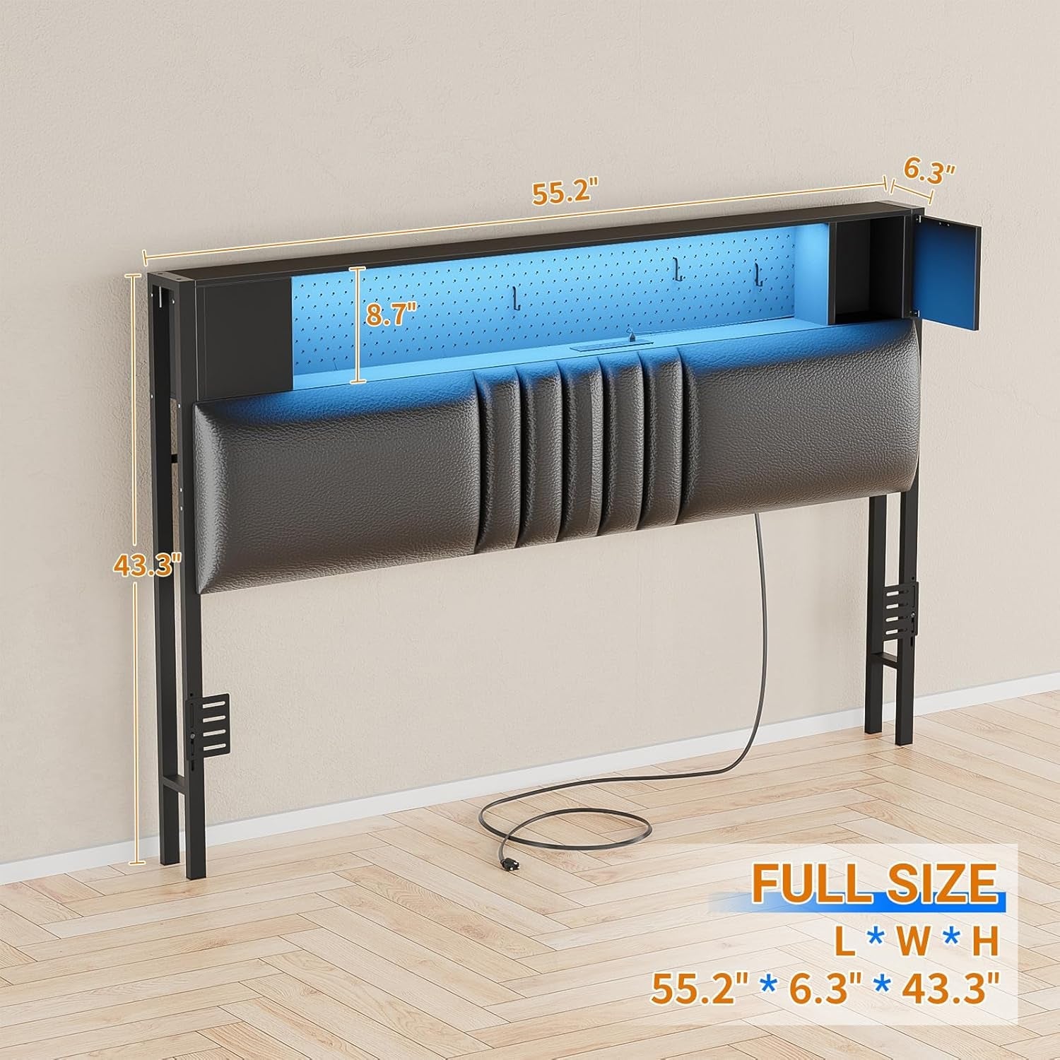 Black Upholstered Full Size Bed Headboard with Storage