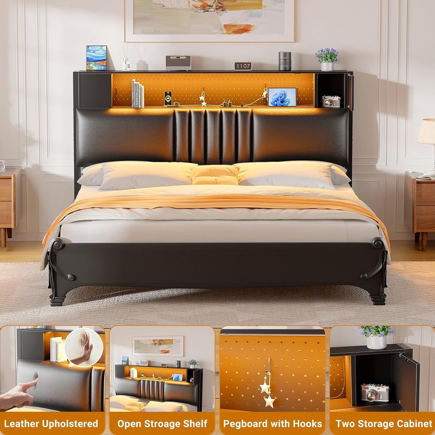 Black Upholstered Full Size Bed Headboard with Storage