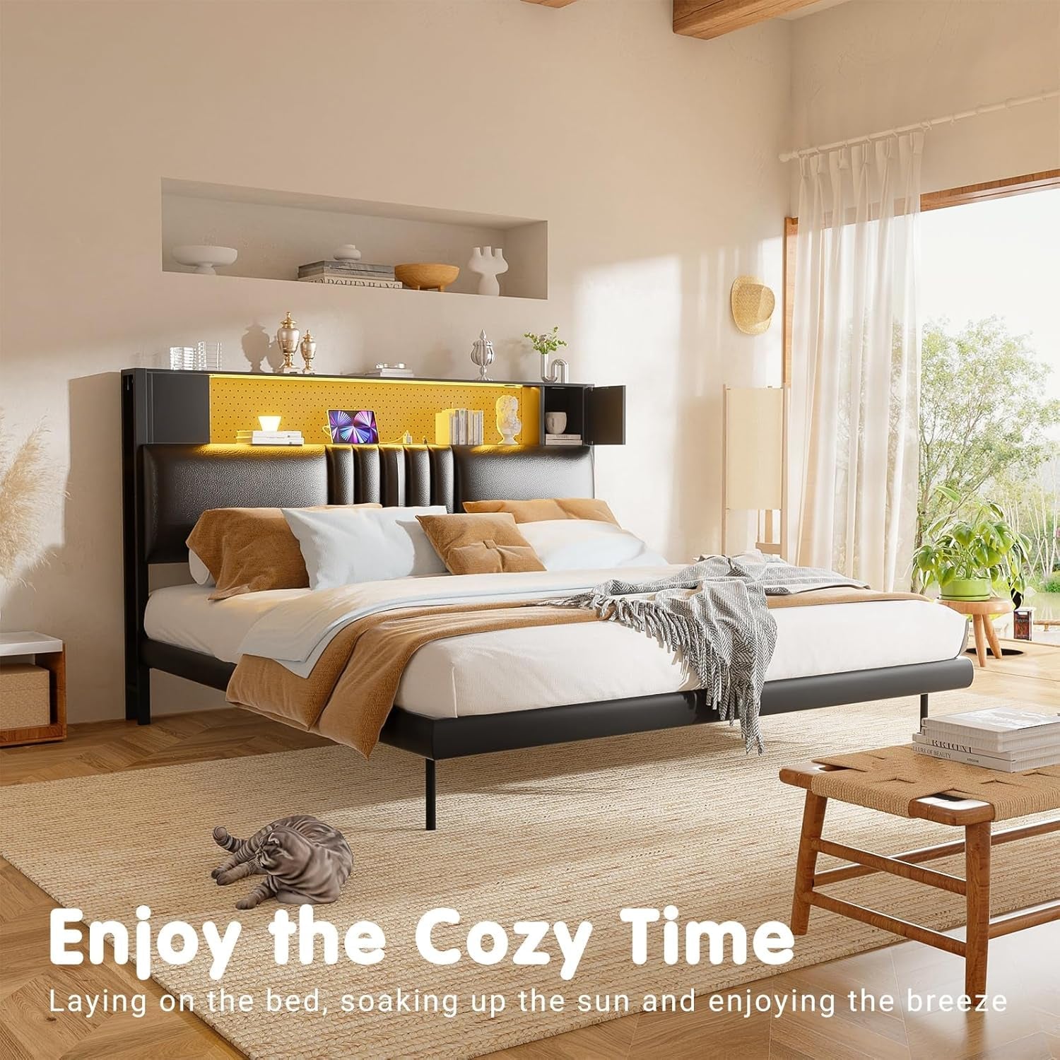 Black Upholstered Full Size Bed Headboard with Storage