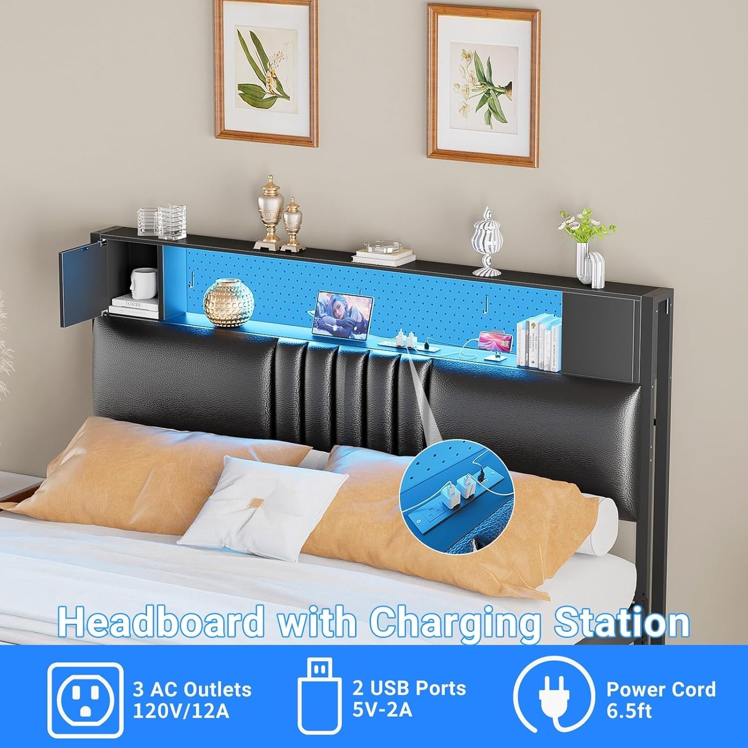 Black Upholstered Full Size Bed Headboard with Storage