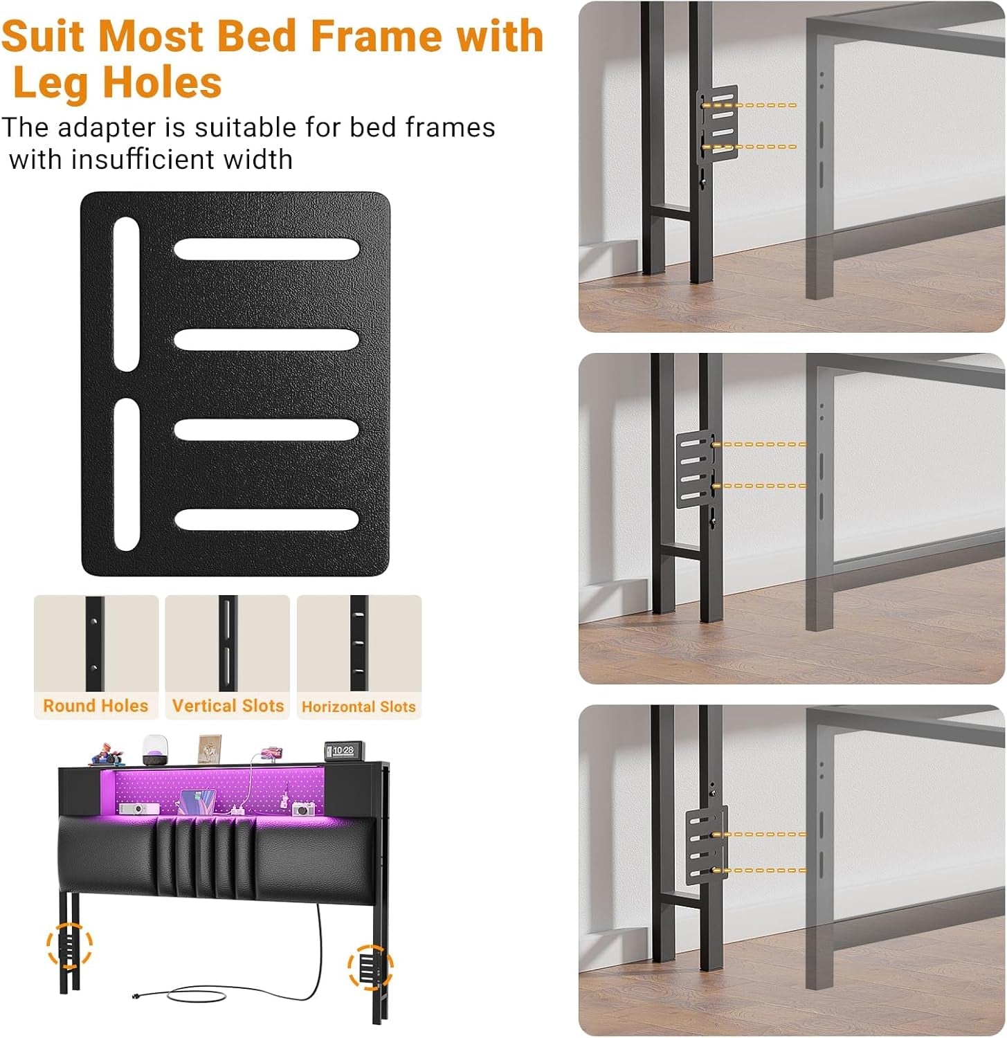 Black Upholstered Full Size Bed Headboard with Storage
