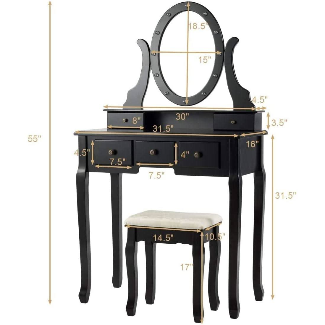 Black Vanity Dressing Table Set With Rotating LED Mirror