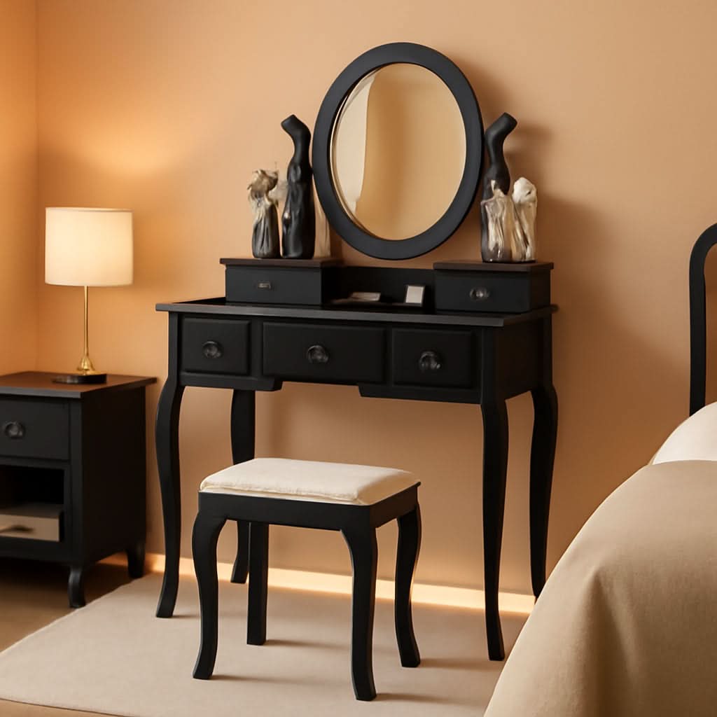 Black Vanity Dressing Table Set With Rotating LED Mirror