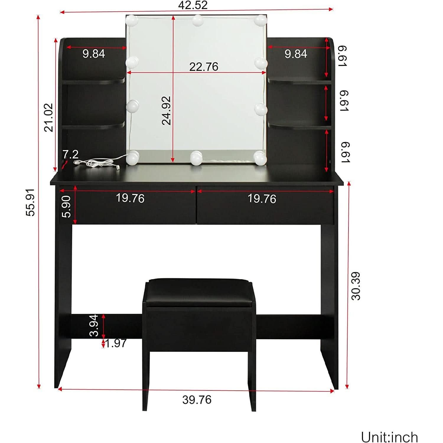 Black Vanity Set With 10 Lights For Bedroom Storage