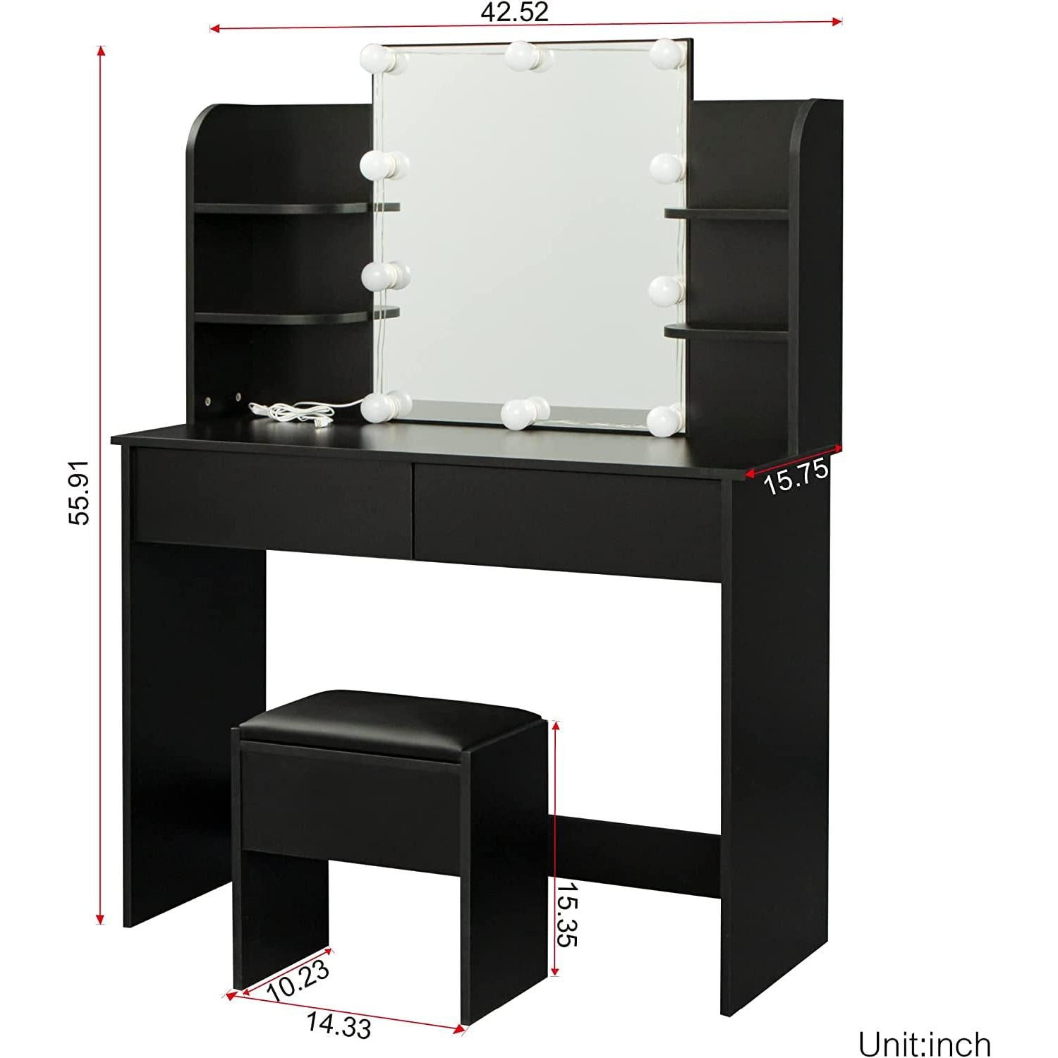 Black Vanity Set With 10 Lights For Bedroom Storage