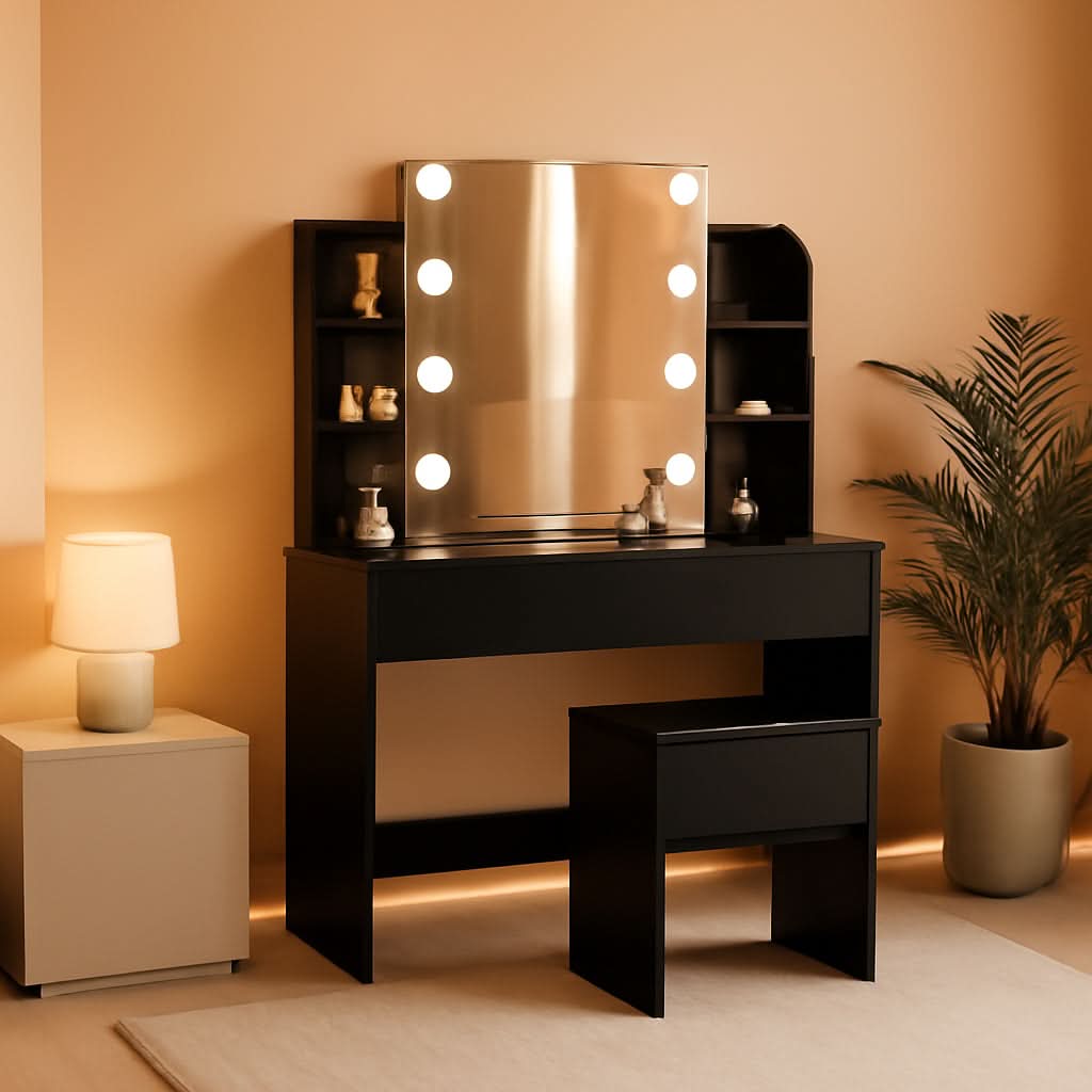 Black Vanity Set With 10 Lights For Bedroom Storage