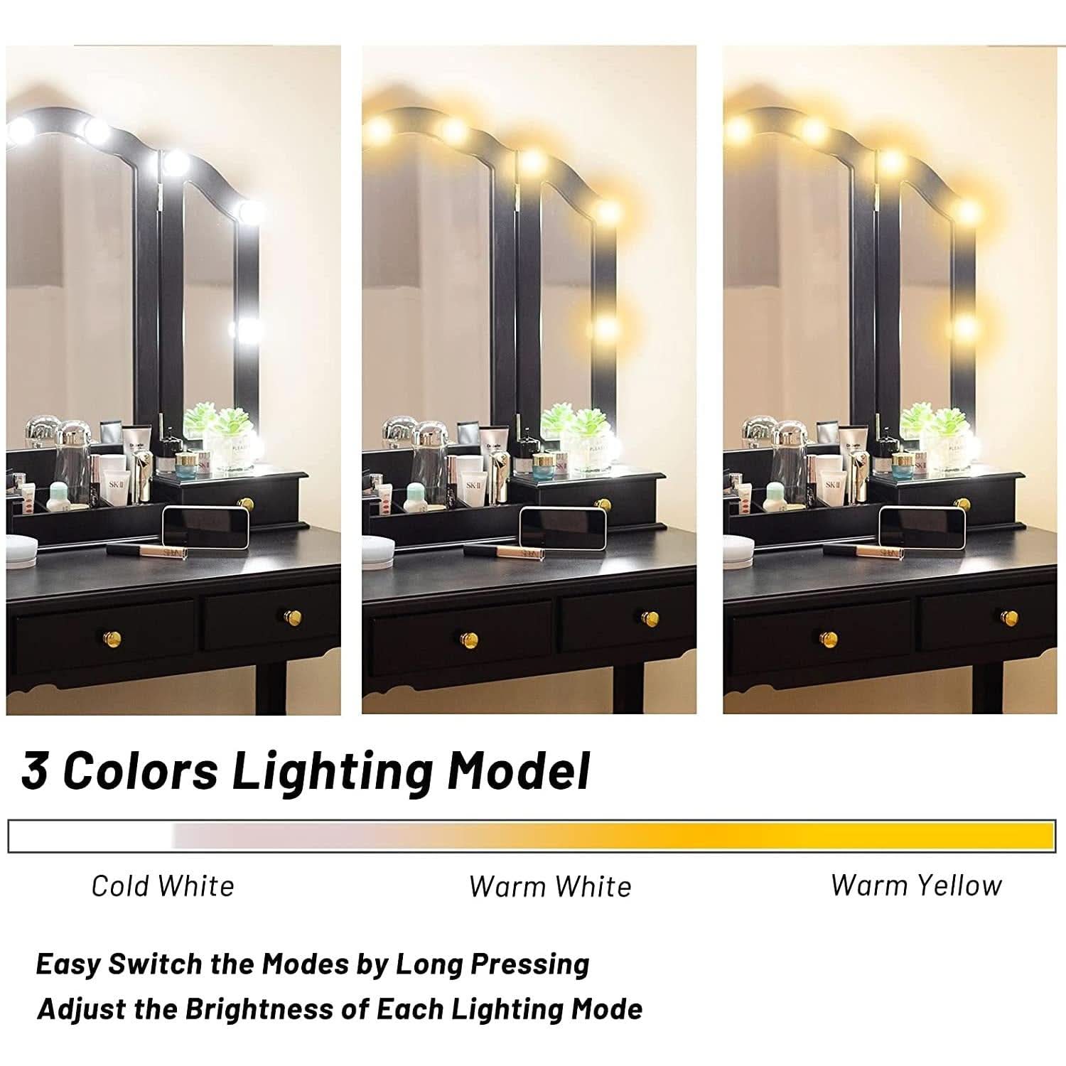 Black Vanity Set With Lighted Tri Fold Mirror For Dresser