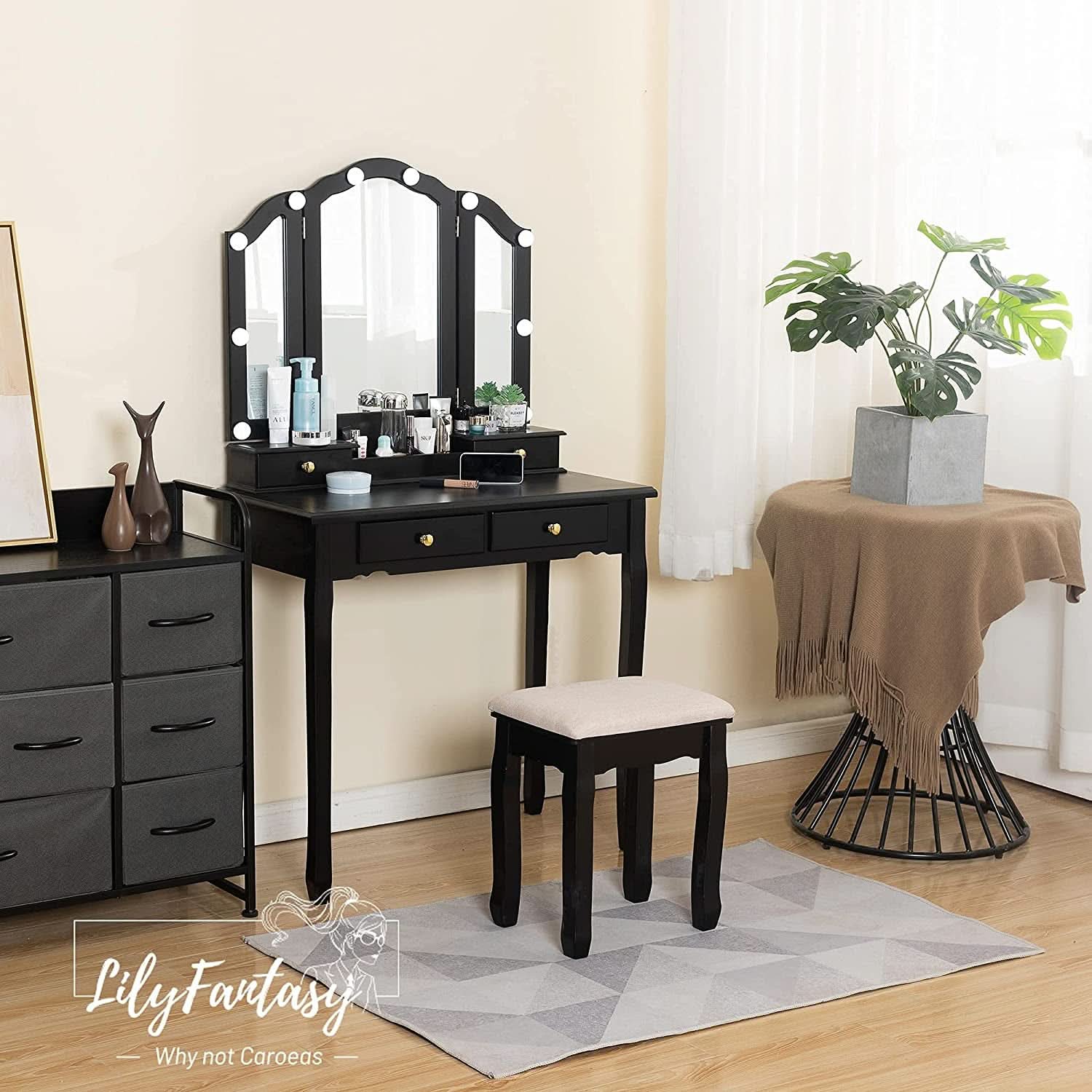 Black Vanity Set With Lighted Tri Fold Mirror For Dresser