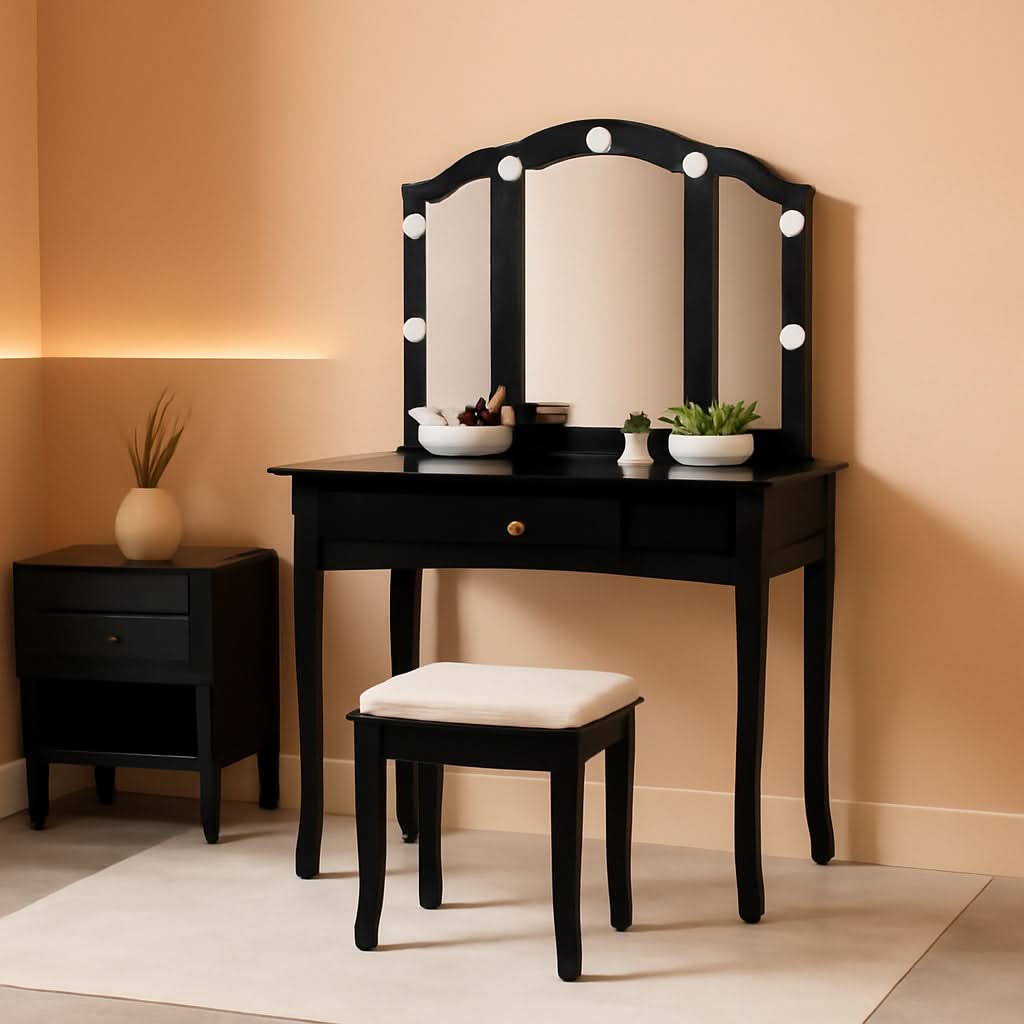 Black Vanity Set With Lighted Tri Fold Mirror For Dresser