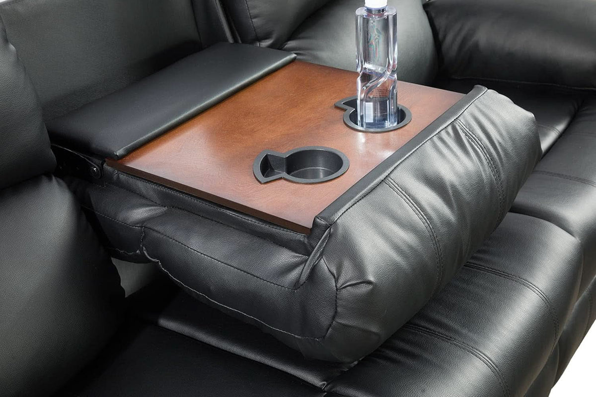 Black Vegan Leather 3 Seater Recliner Sofa Cupholders