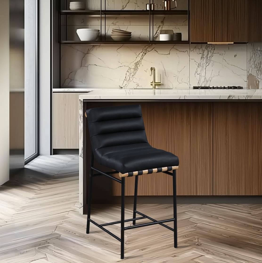 Black Vegan Leather Counter Stool 18W X 24D X 37.5H