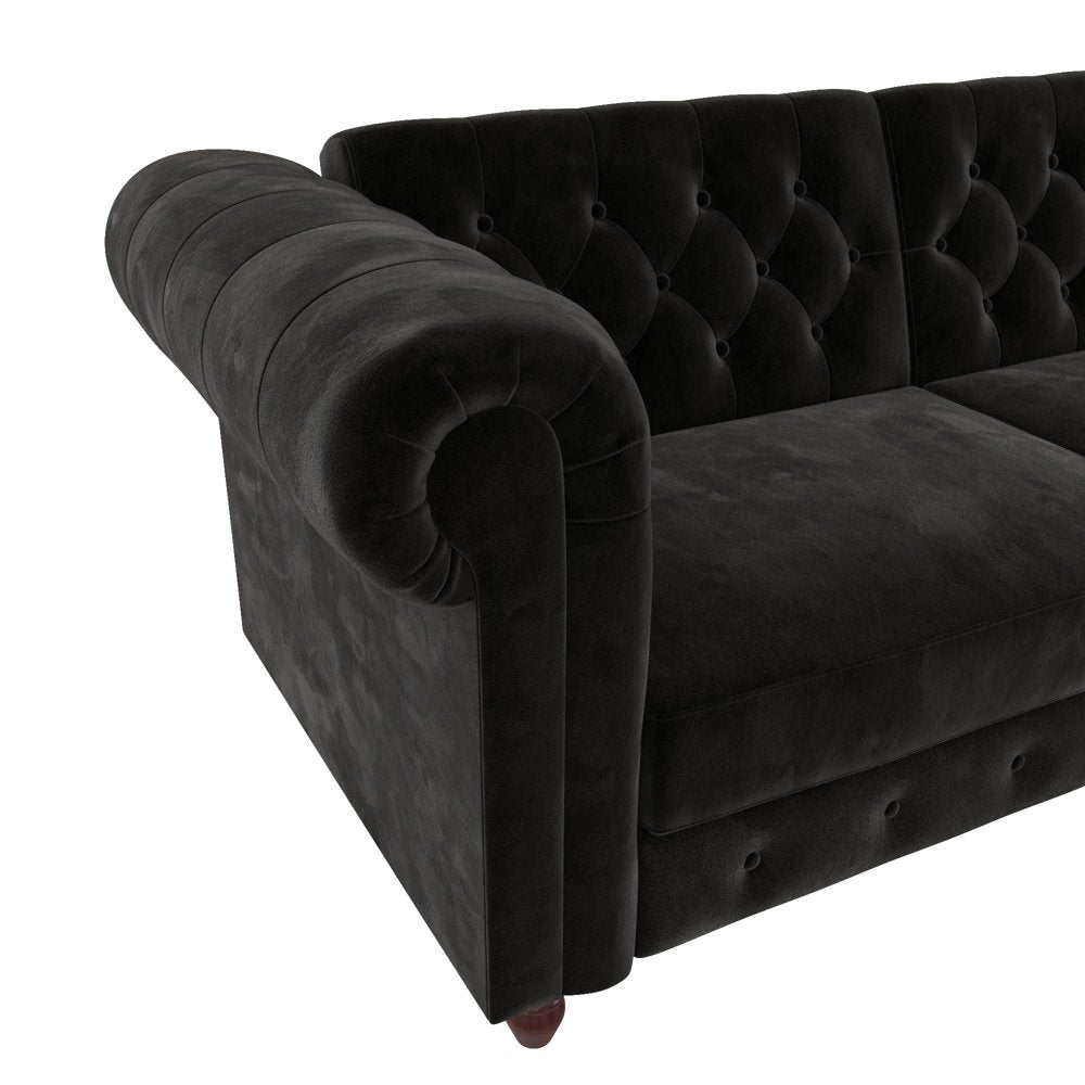 Black Velvet Chesterfield Coil Sofa Futon Convertible Bed