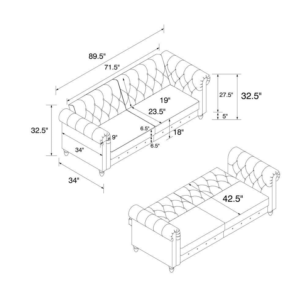 Black Velvet Chesterfield Coil Sofa Futon Convertible Bed