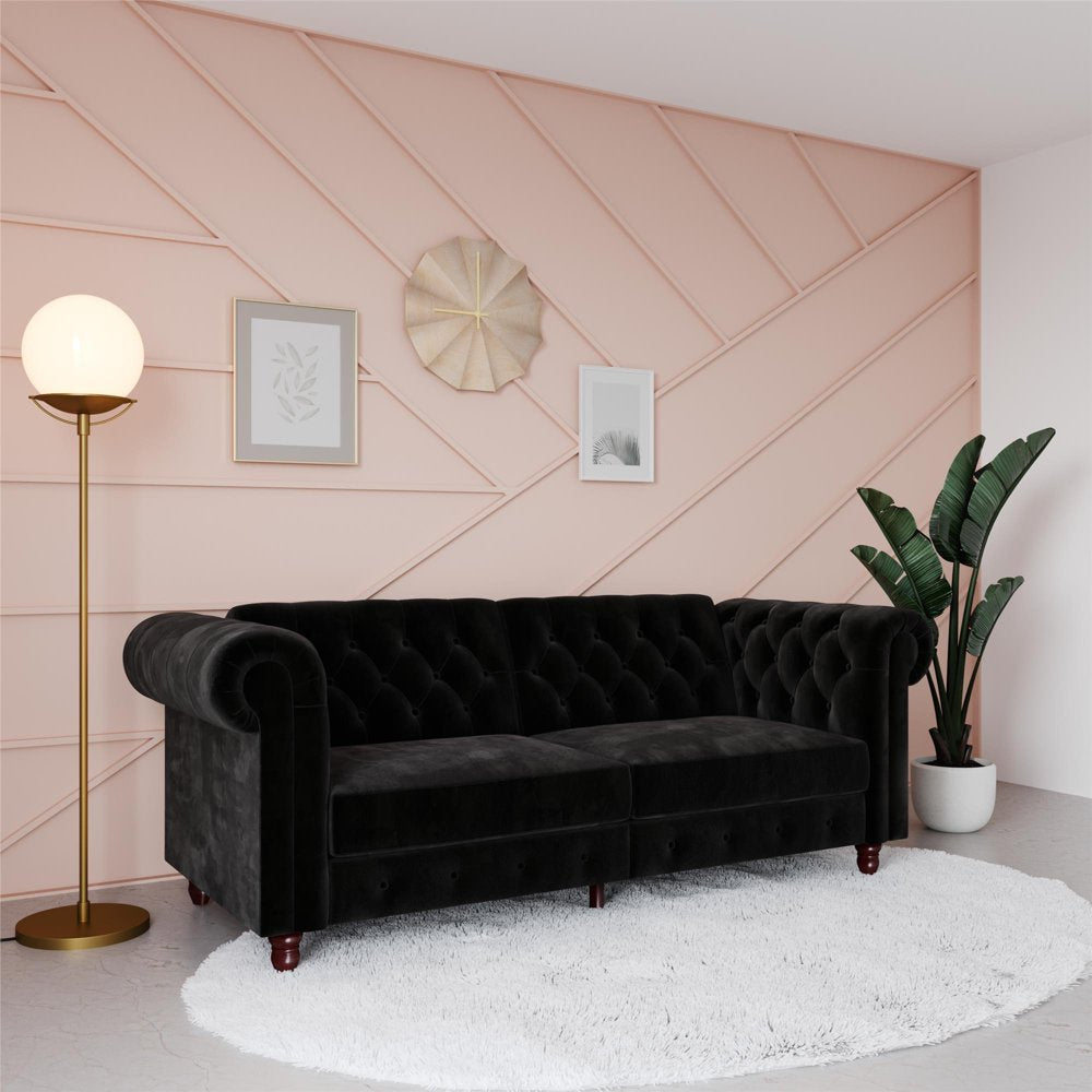 Black Velvet Chesterfield Coil Sofa Futon Convertible Bed