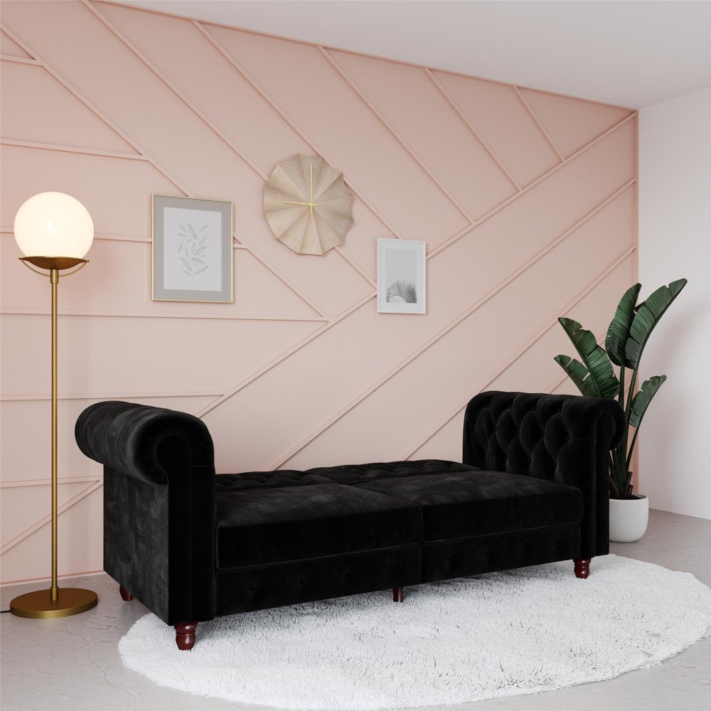 Black Velvet Chesterfield Coil Sofa Futon Convertible Bed