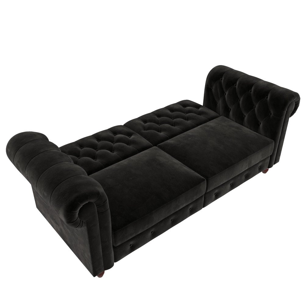 Black Velvet Chesterfield Coil Sofa Futon Convertible Bed