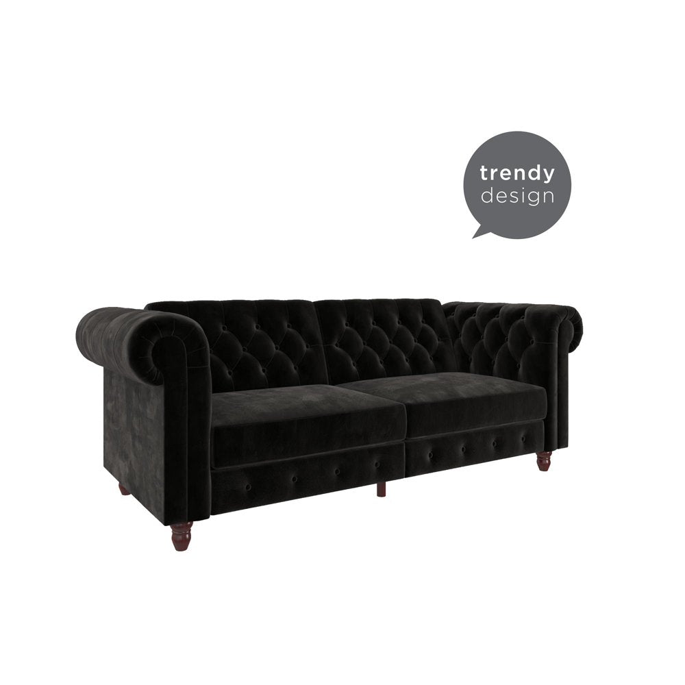 Black Velvet Chesterfield Coil Sofa Futon Convertible Bed