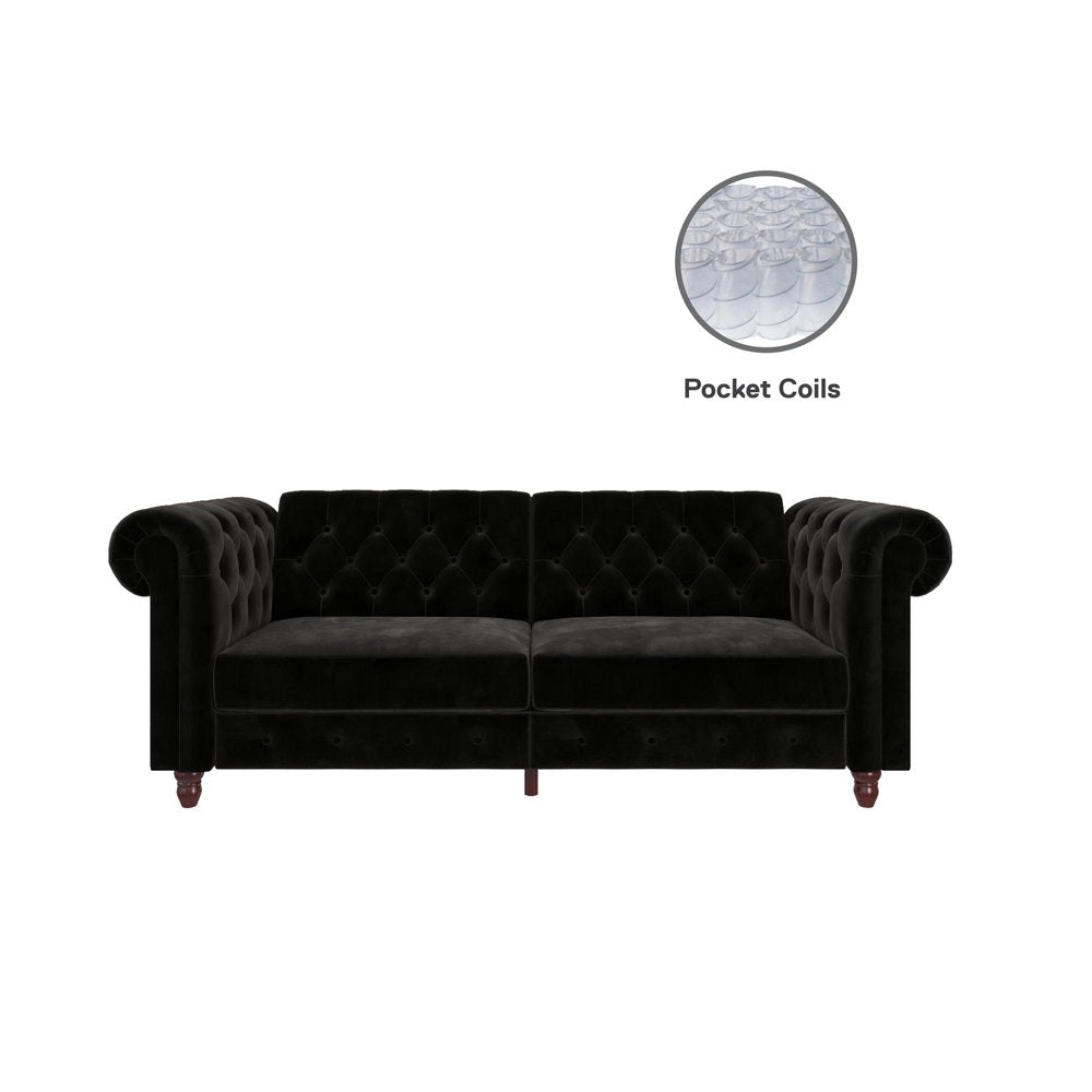 Black Velvet Chesterfield Coil Sofa Futon Convertible Bed