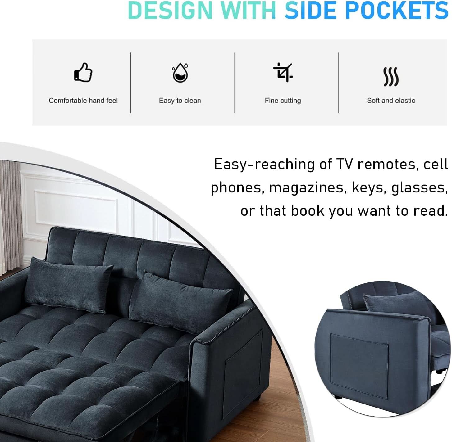Black Velvet Convertible Sleeper Sofa Bed Luxurious