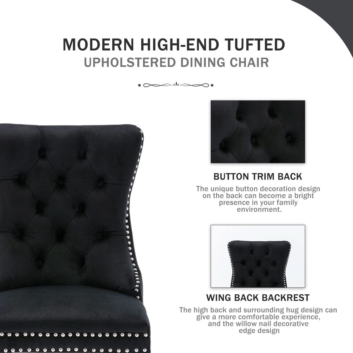 Black Velvet Dining Chair Set Of 6 With High Back Wingback