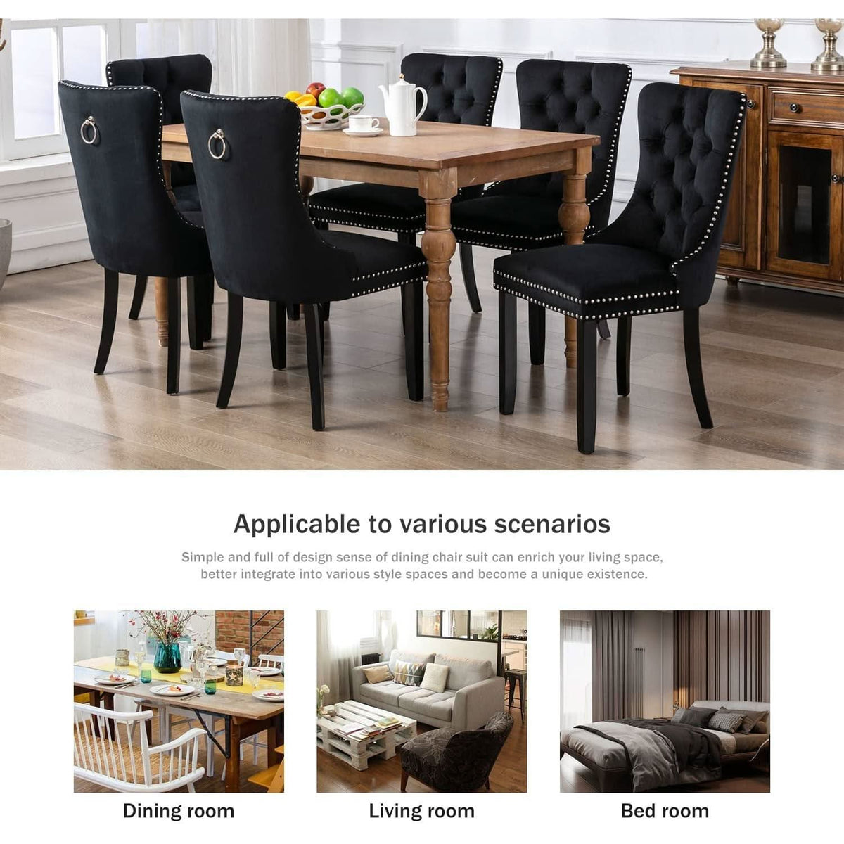 Black Velvet Dining Chair Set Of 6 With High Back Wingback