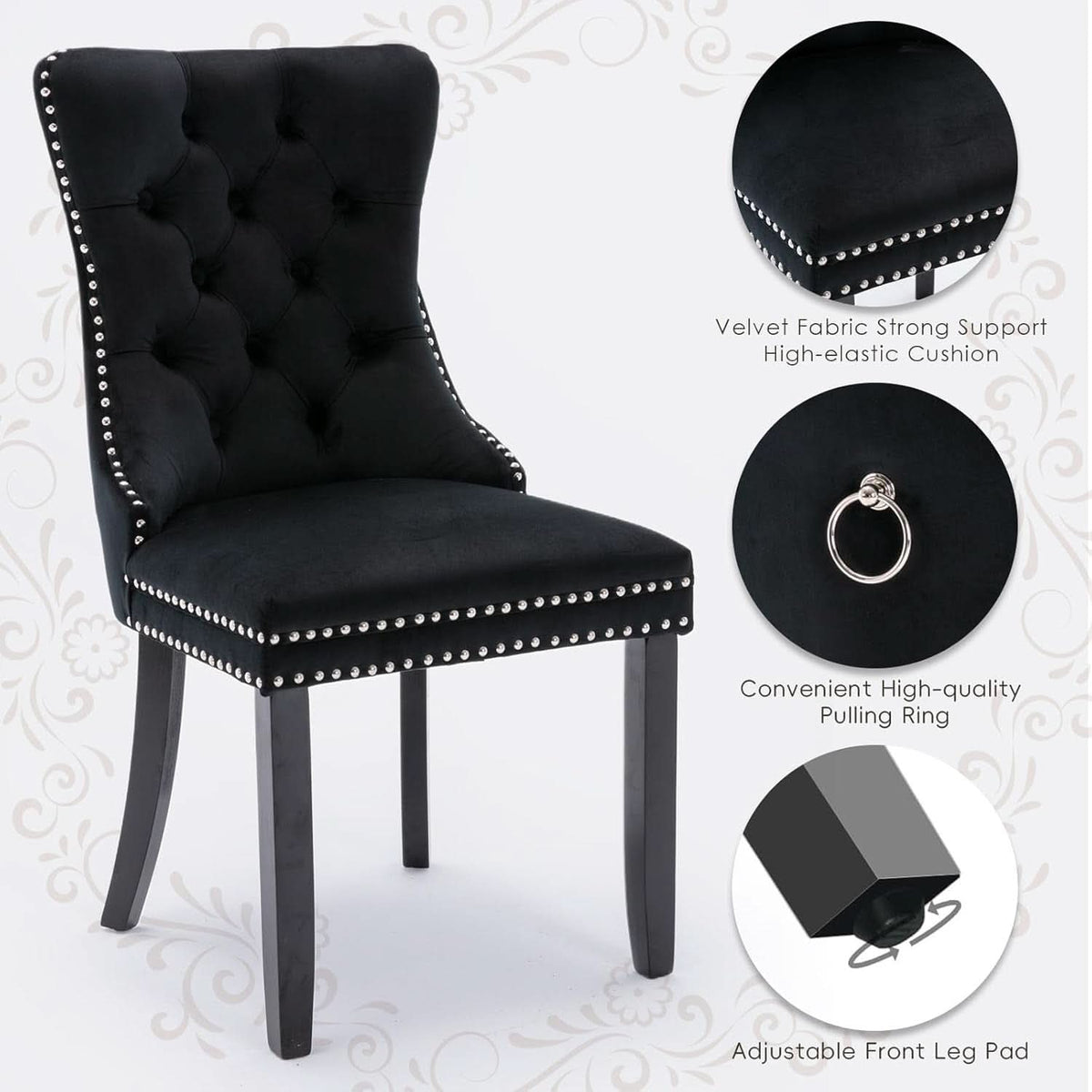 Black Velvet Dining Chairs Set Of 4 With Nailhead Trim