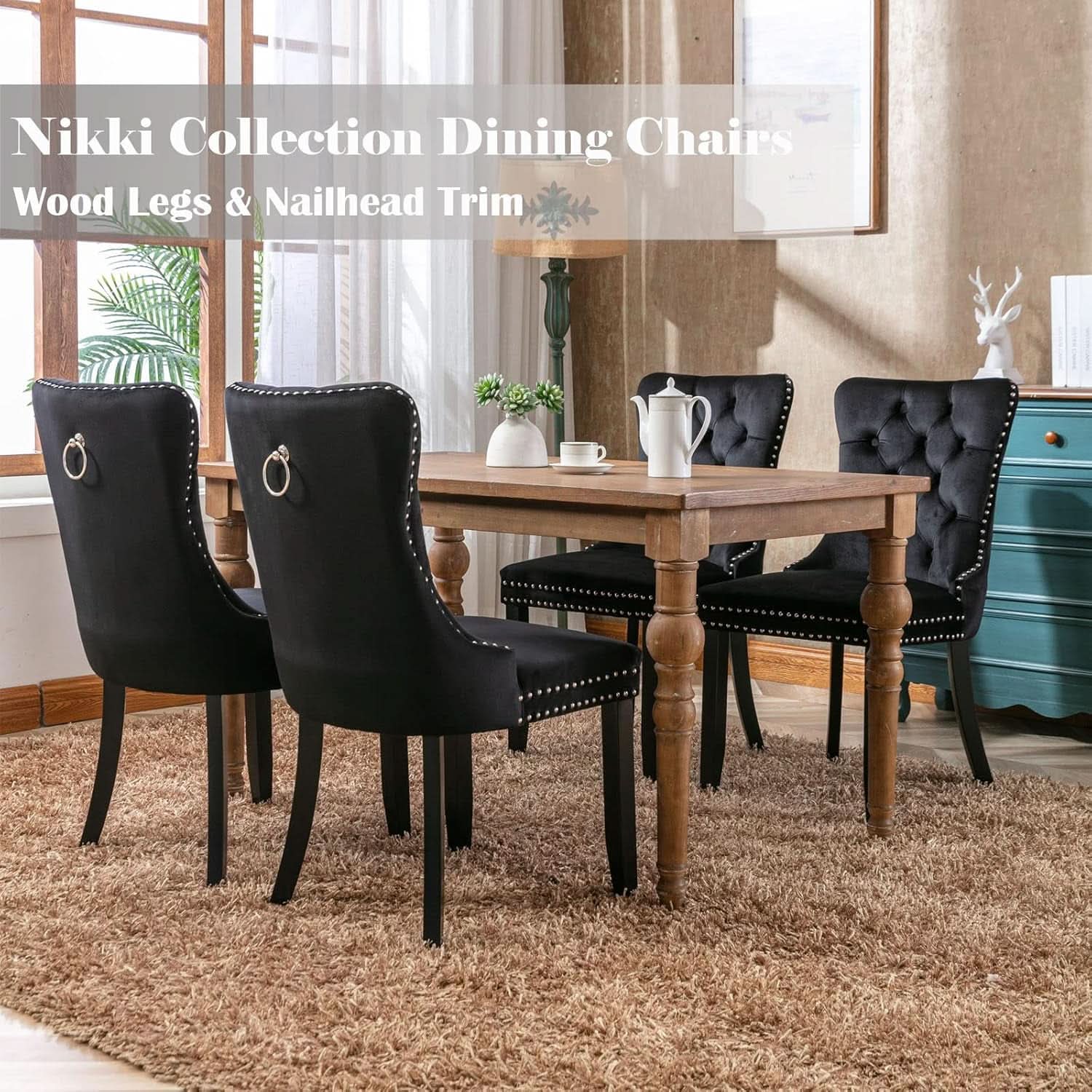 Black Velvet Dining Chairs Set of 4 with Solid Wood Legs