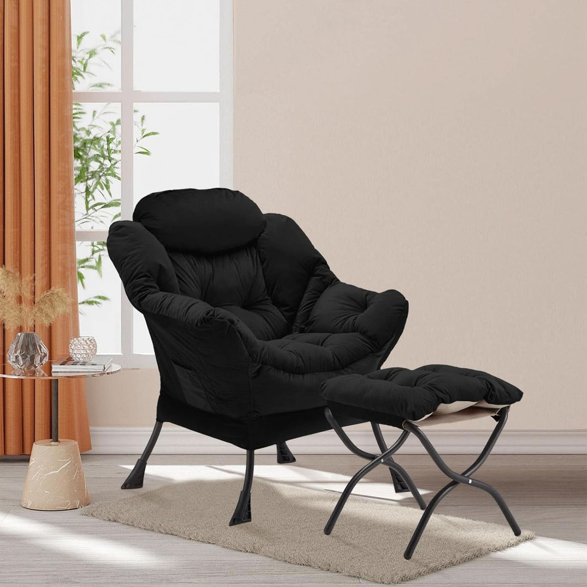 Black Velvet Folding Ottoman Lounge Chair With Footrest