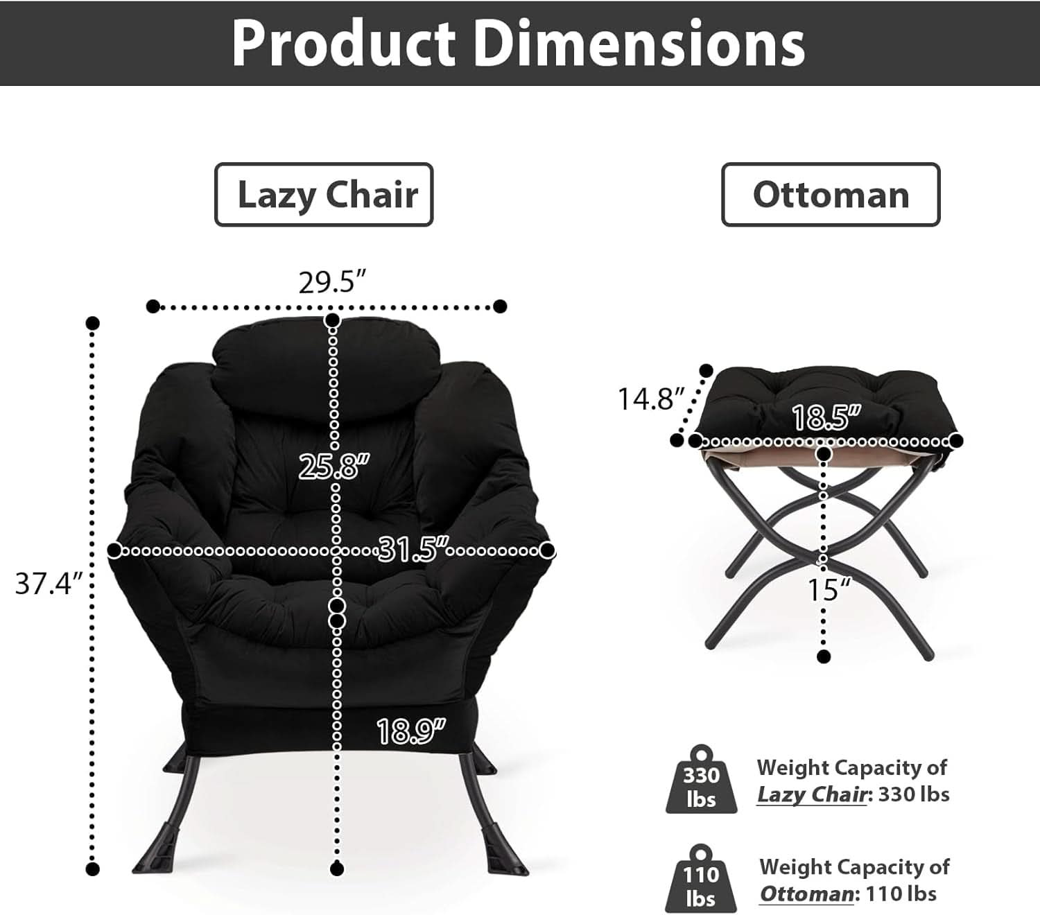 Black Velvet Folding Ottoman Lounge Chair With Footrest