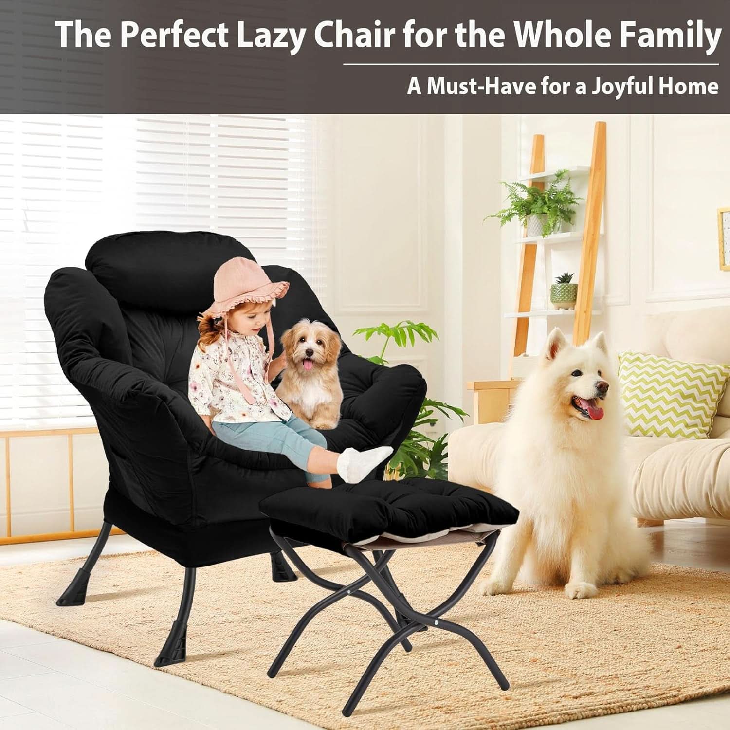 Black Velvet Folding Ottoman Lounge Chair With Footrest