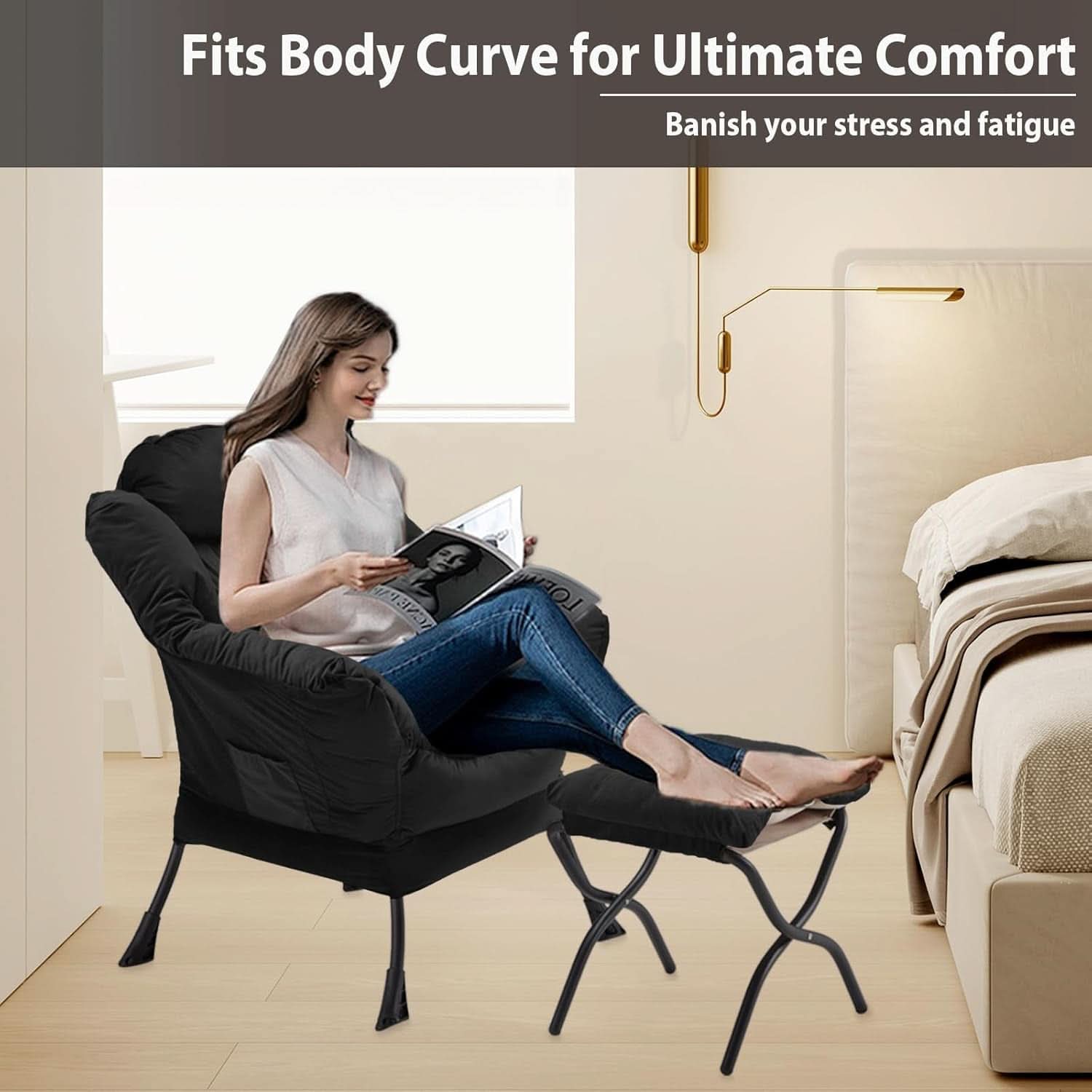 Black Velvet Folding Ottoman Lounge Chair With Footrest
