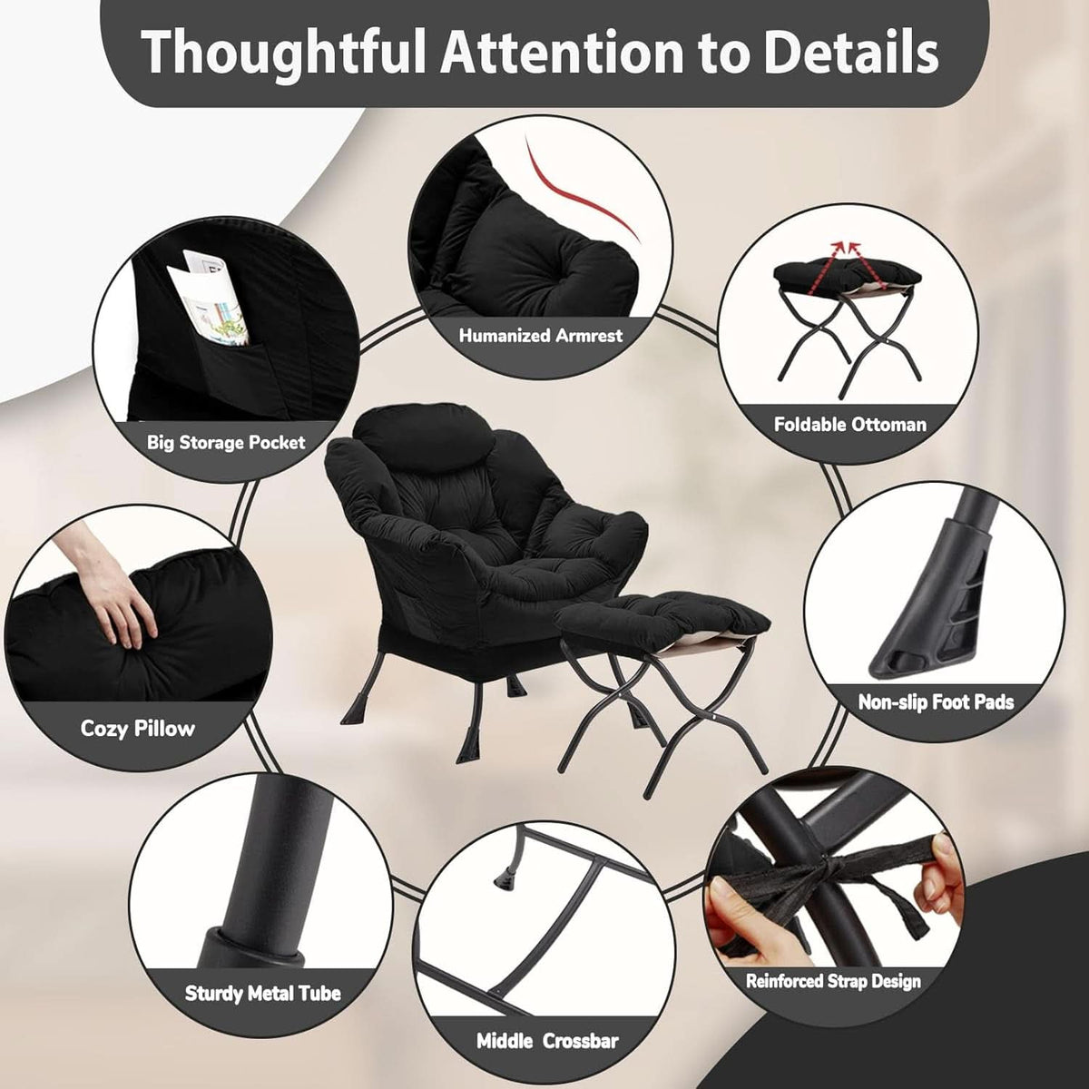 Black Velvet Folding Ottoman Lounge Chair With Footrest