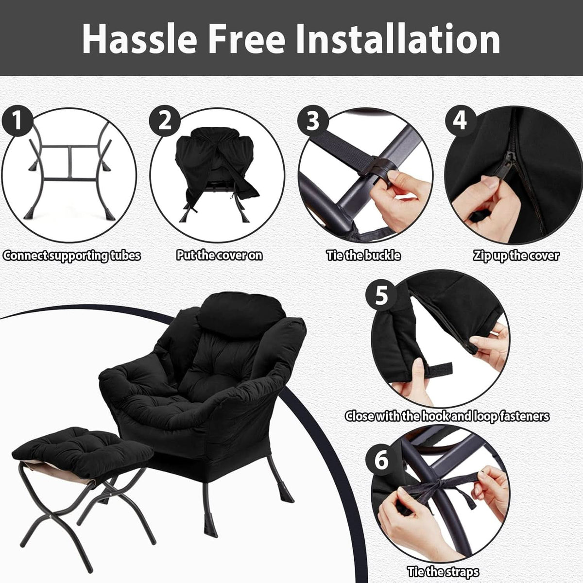 Black Velvet Folding Ottoman Lounge Chair With Footrest