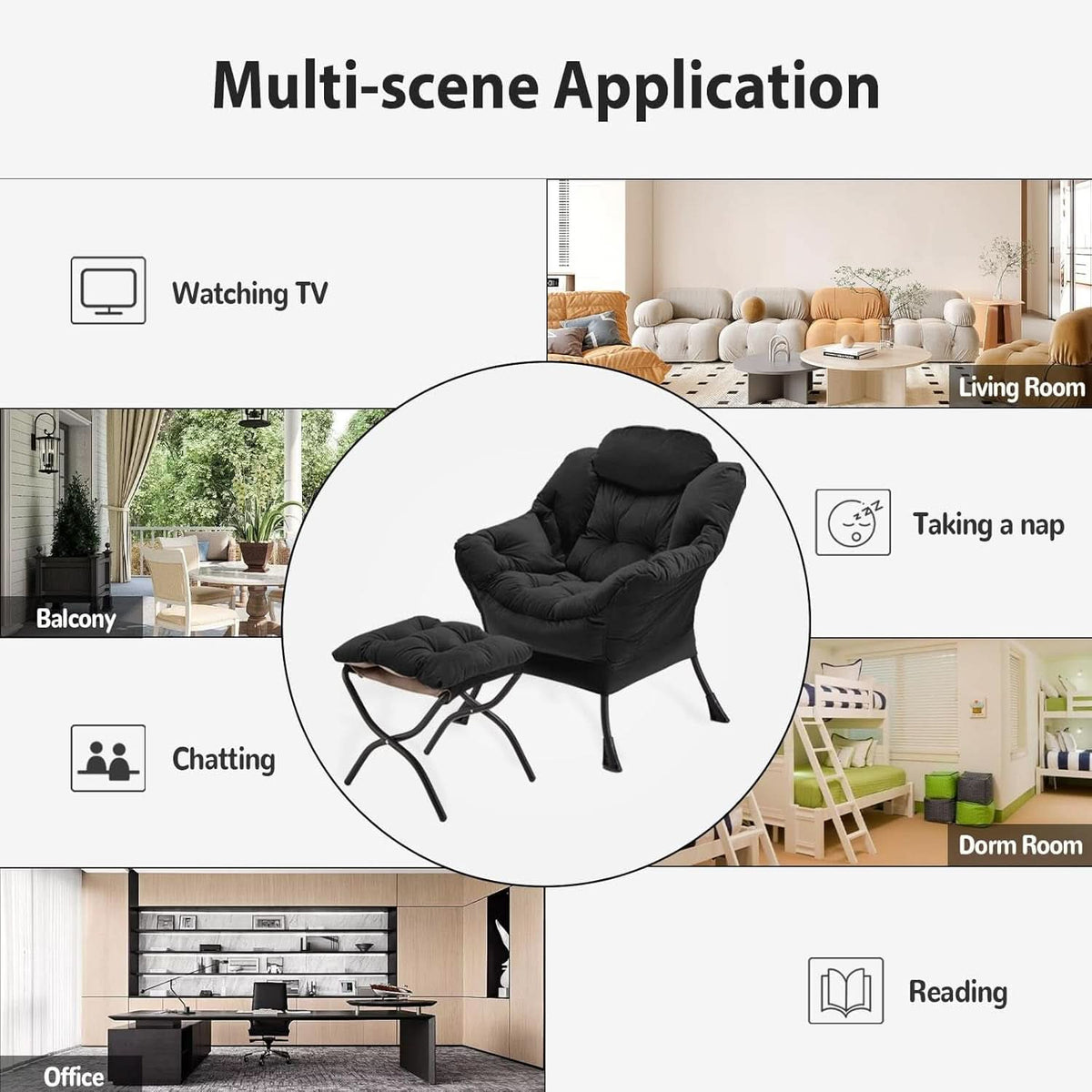 Black Velvet Folding Ottoman Lounge Chair With Footrest