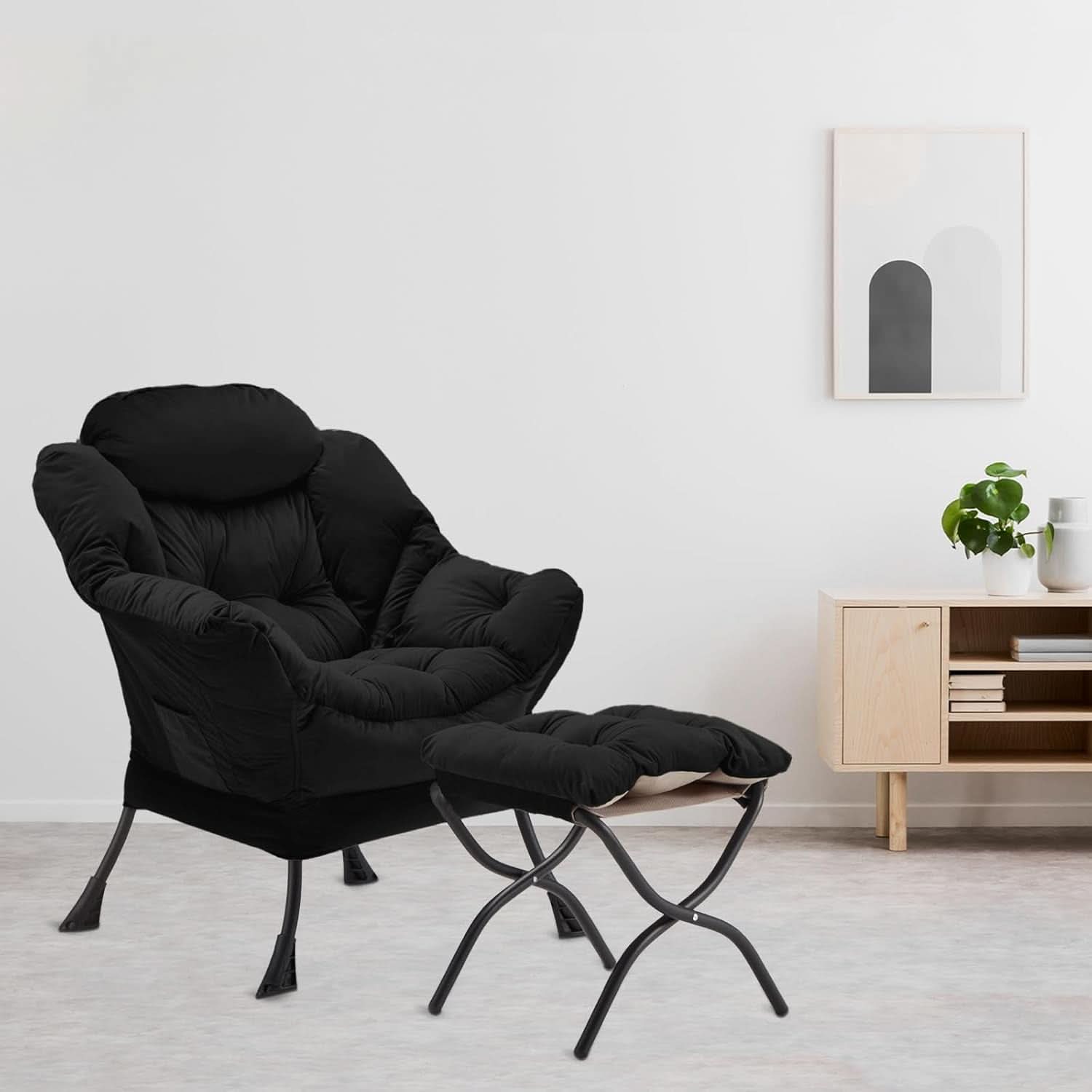 Black Velvet Folding Ottoman Lounge Chair With Footrest