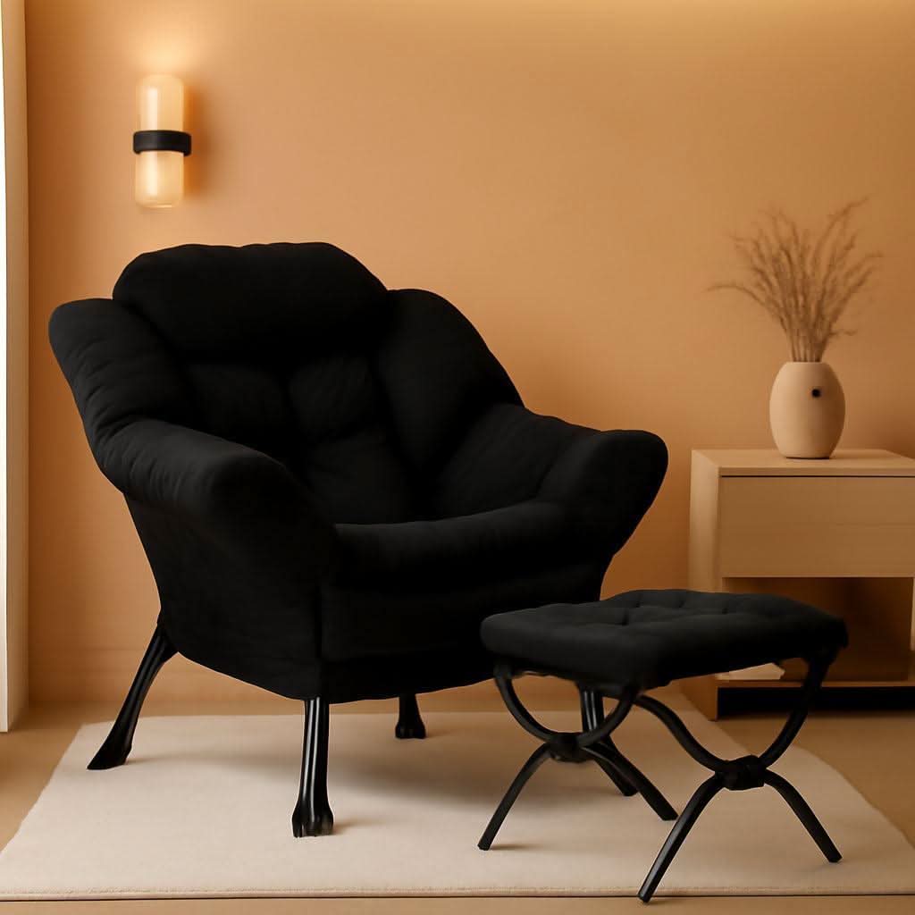 Black Velvet Folding Ottoman Lounge Chair With Footrest